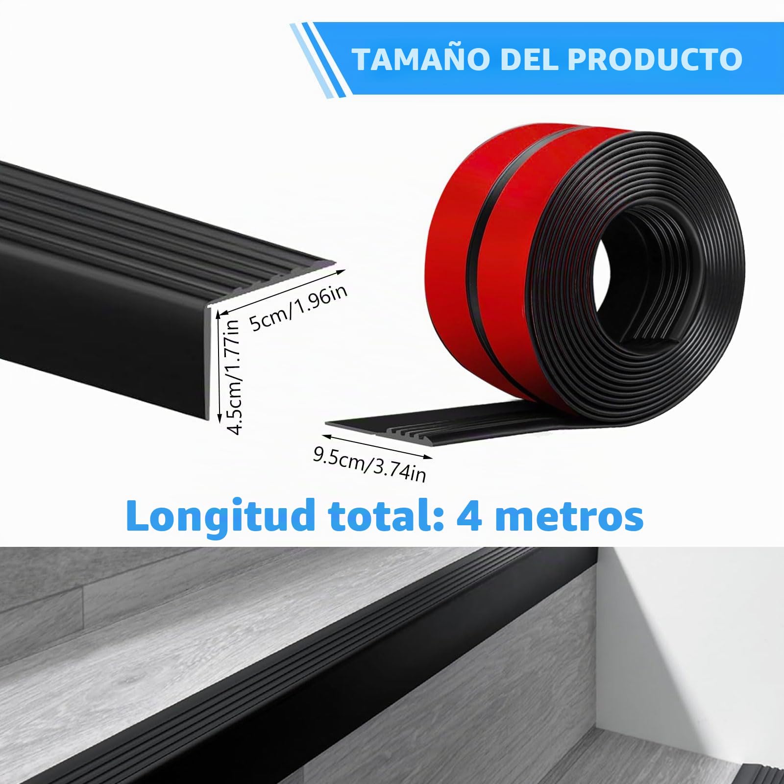 Perfil para Bordes de Escaleras Autoengluible 4M, 45x50mm Perfil Antideslizante para Escalones, Banda de Bordes de Escaleras de PVC, Protección de Bordes de Escaleras, Negro