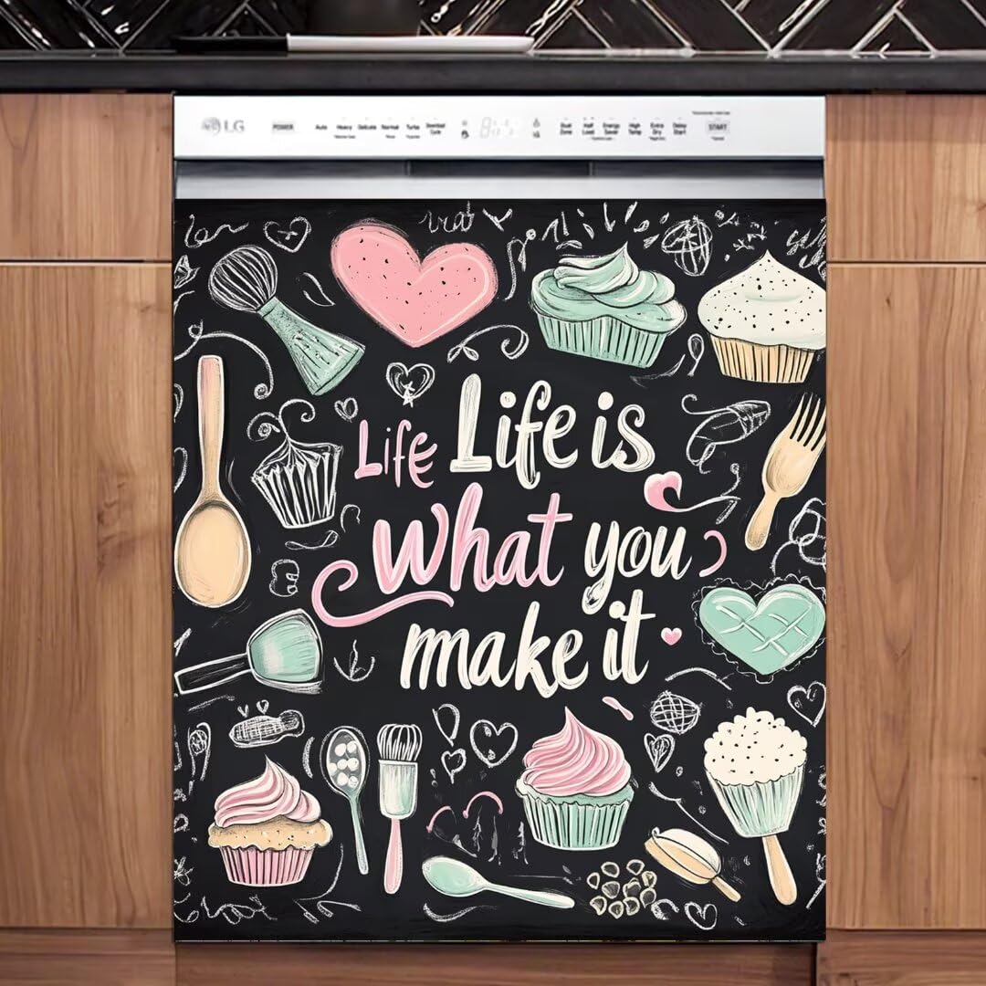RTHDG Kitchen Chalkboard Painting Decor Dishwasher Panel Magnet Cover, Life is What You Make It Magnet Fridge Cover Vinyl Refrigerator Sticker,