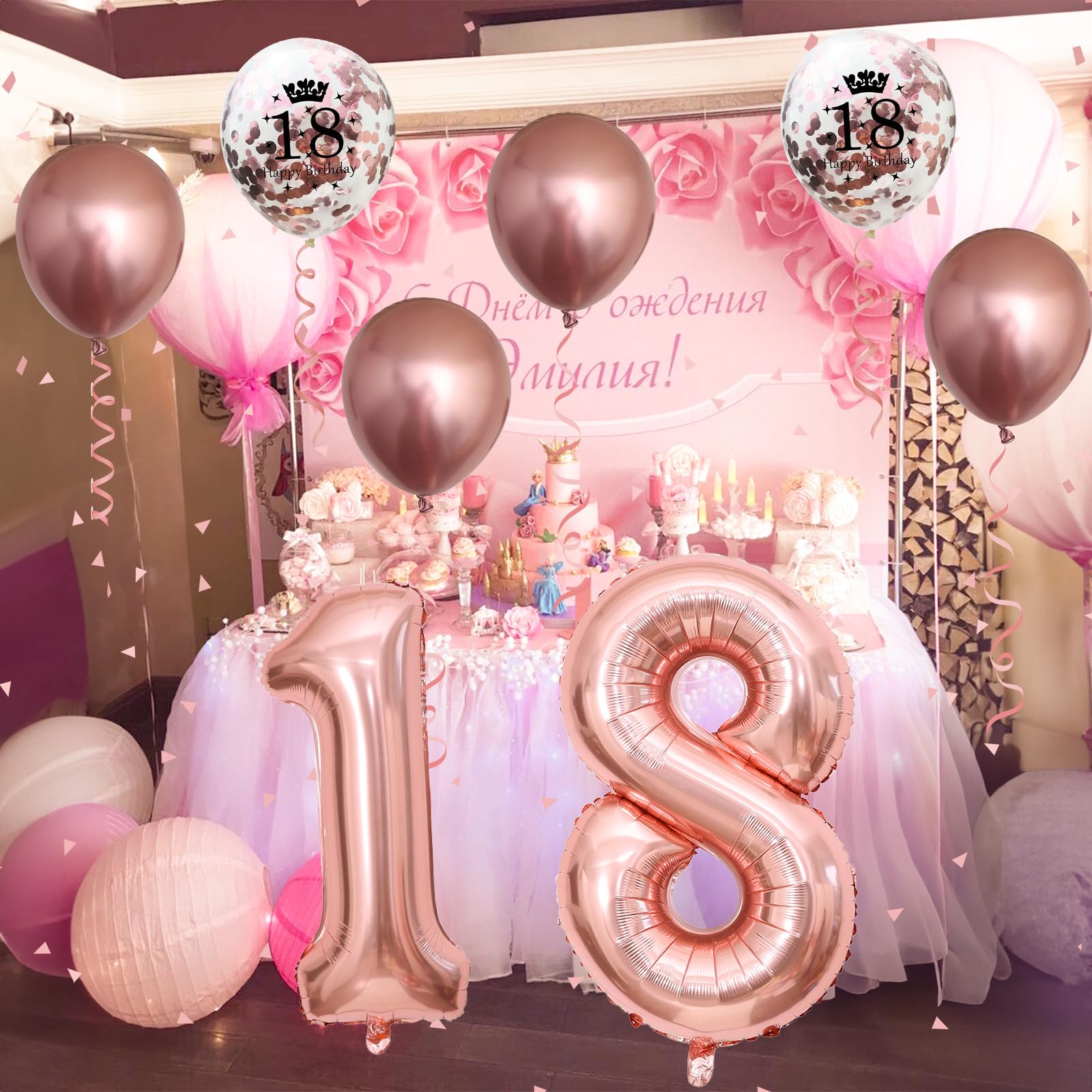 Dekoracje na 18 urodziny dla dziewczynek, balony na 18 urodziny z folią 102 cm cyfra 18 balonów różowe złoto urodziny nadruk balony konfetti metaliczne lateksowe balony zestaw na 18 dekoracji