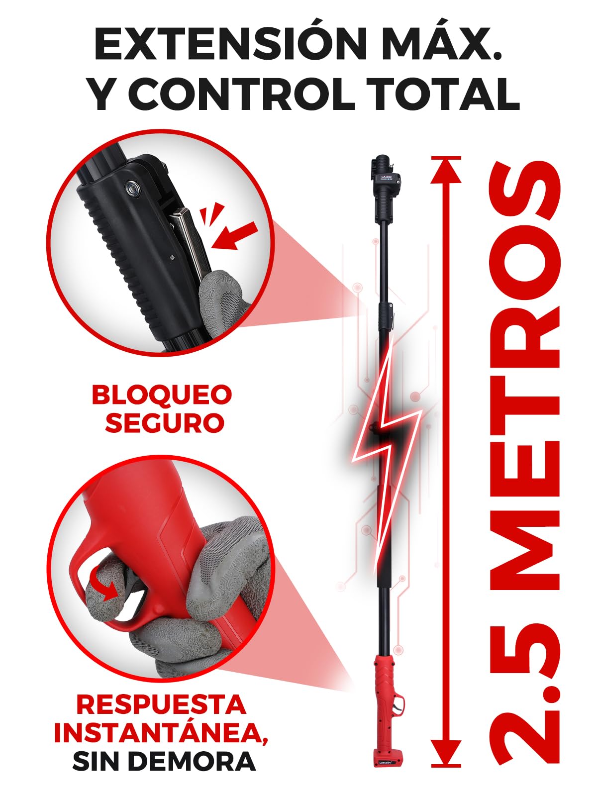 Laecabv Barra de Extensión Telescópica 2.5M para Tijeras de Podar Eléctricas (SOLO Modelo LA40)- Pértiga Extensible de Aluminio Ligero con Correa, Poda de Ramas Altas desde el Suelo Sin Escalera