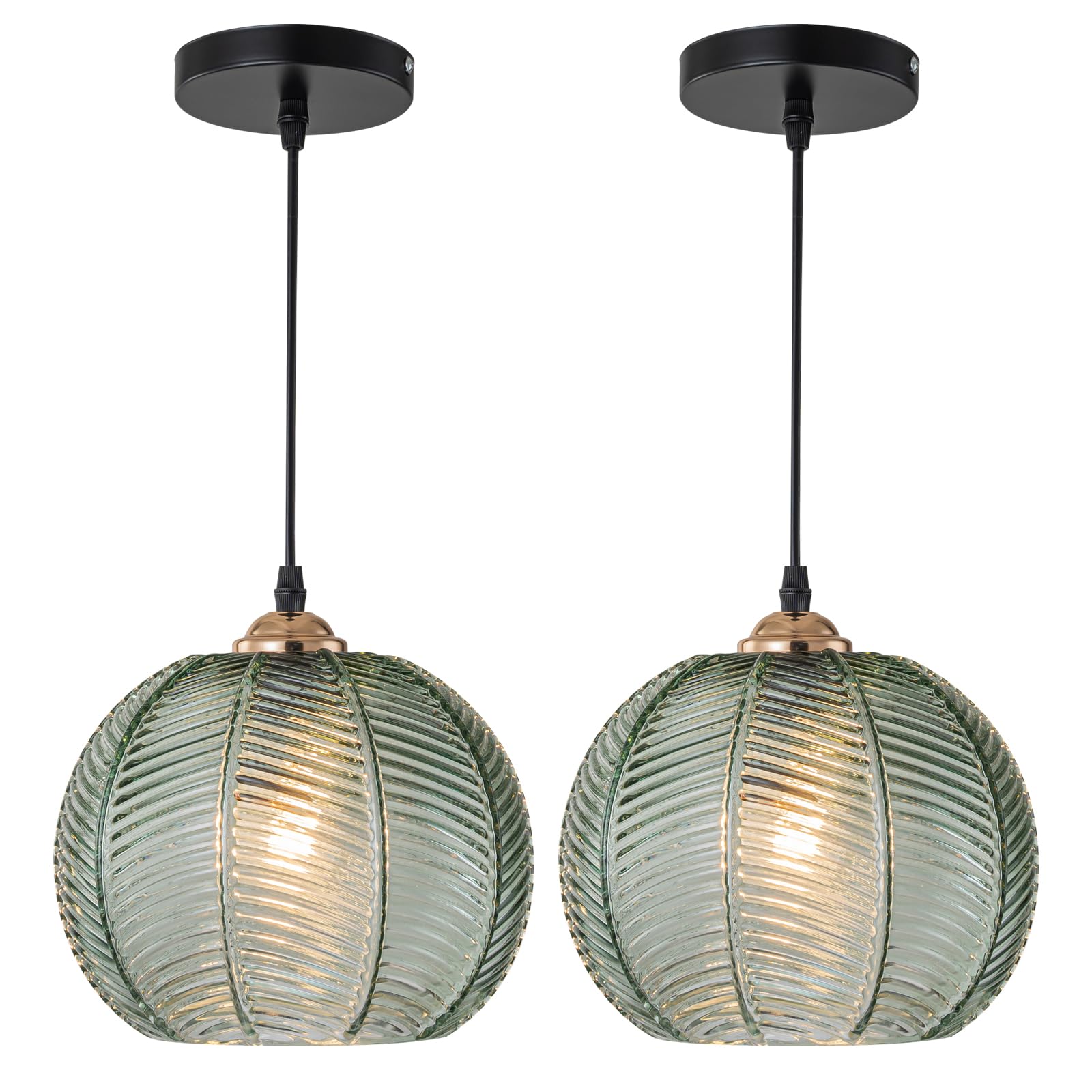 Pendant Light for Kitchen Island, Mid Century Chandelier Pendant Lights with Green Ribbed Glass Shade, Indoor Glass Pendant Hanging Light Fixtures for Bedroom Dining Room, 2-Pack