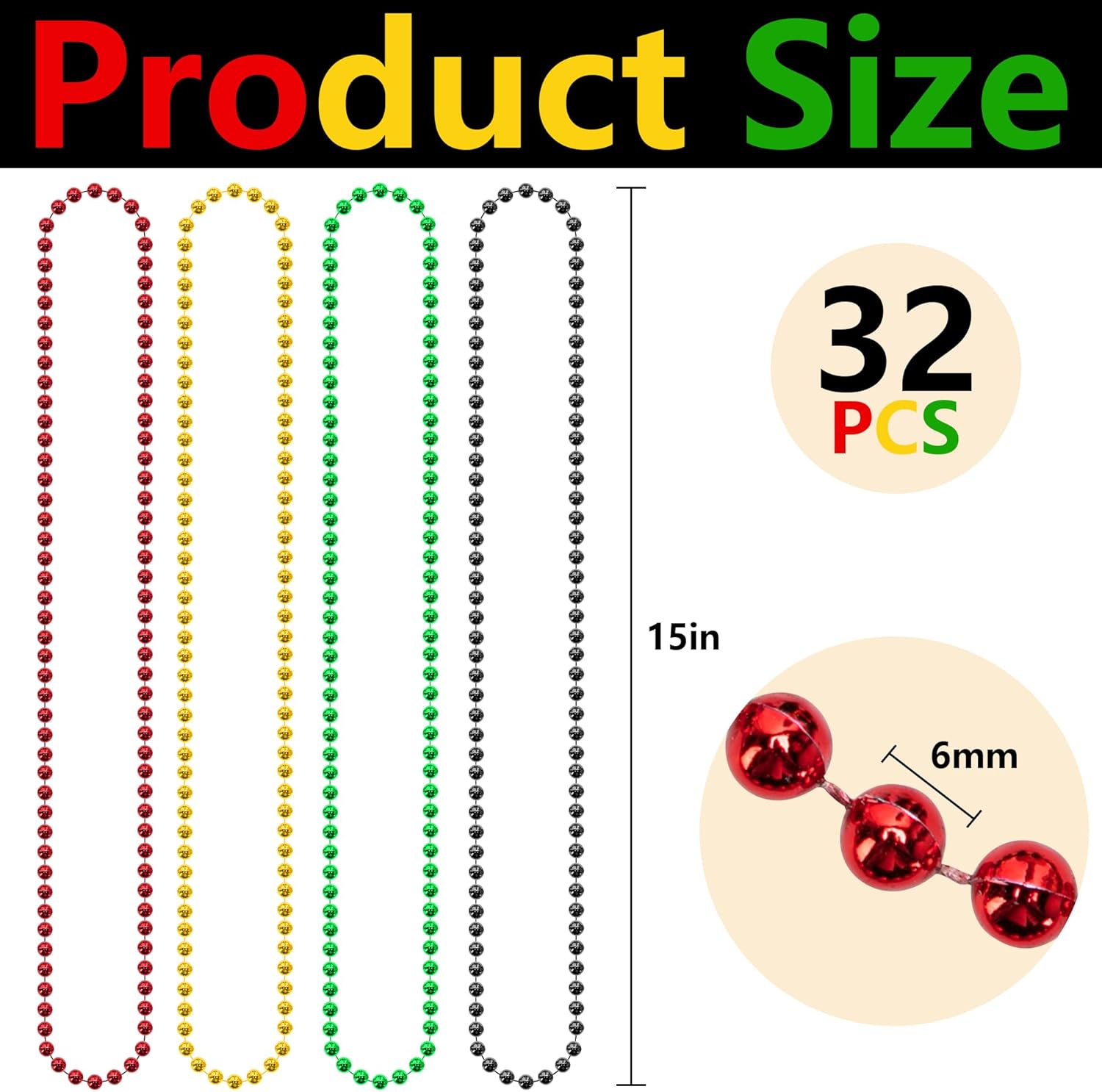 Wehhbtye 32Pcs Black History Month Bead Necklace Bulk, 4 Kinds Juneteenth Beaded Necklaces, Costume Party Round Beads Necklaces Decoration for Women Men Independence Day June 19th Freedom Party Decor