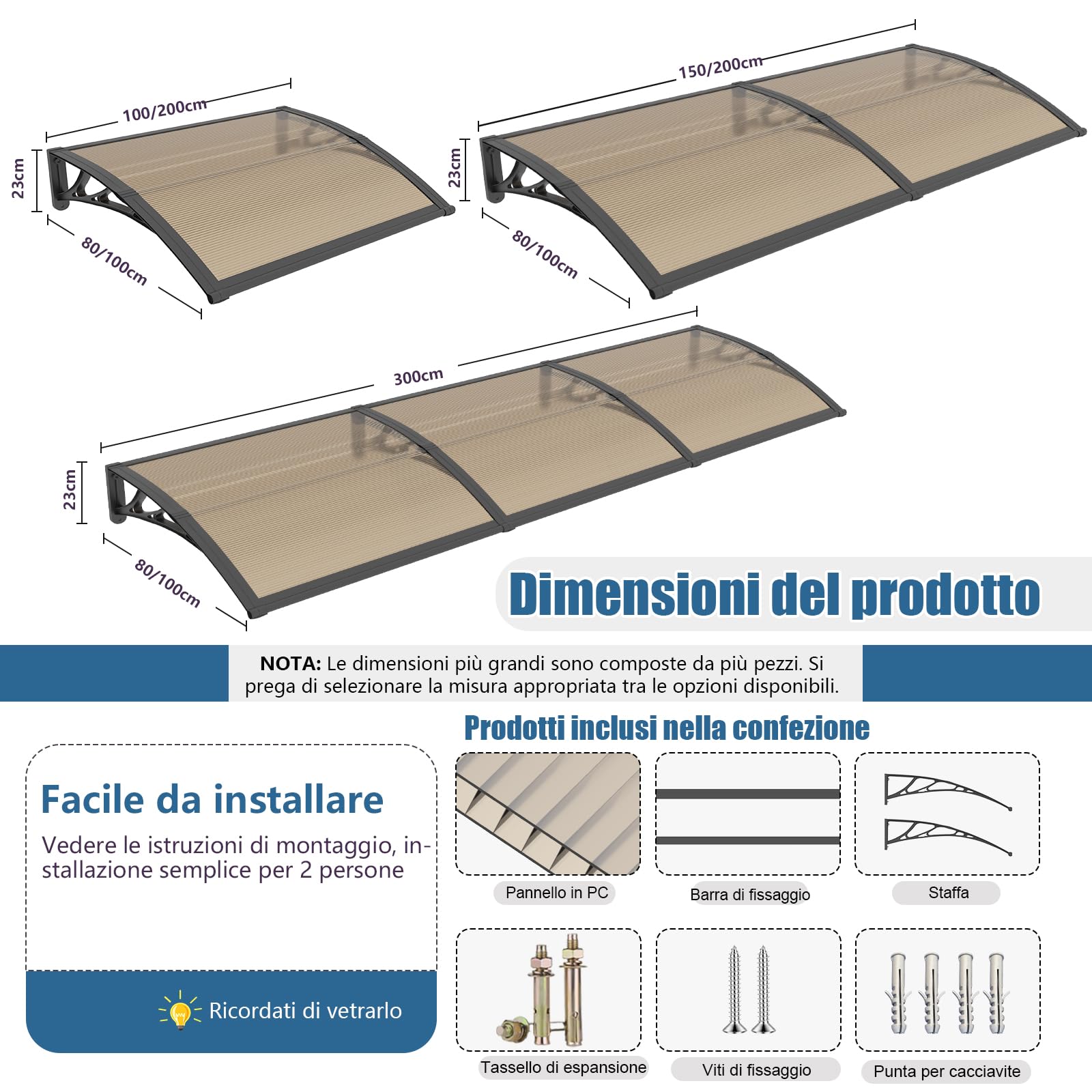 Pensilina da Esterno, 150x100 cm Tettoia per Finestre in Policarbonato - Protezione UV, Pioggia, Neve e Sole per Patio, Giardino e Portico