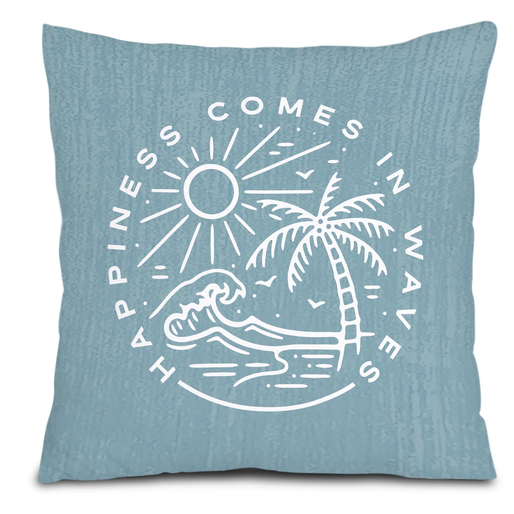 Lacosu Happiness Comes in Waves Coastal Summer Beach Pillow Covers 18x18 Reversible - Gifts for a Beach Lovers, Surfer Gifts, Surfing Gifts, Beach Room Decor, Surfer Room Decor