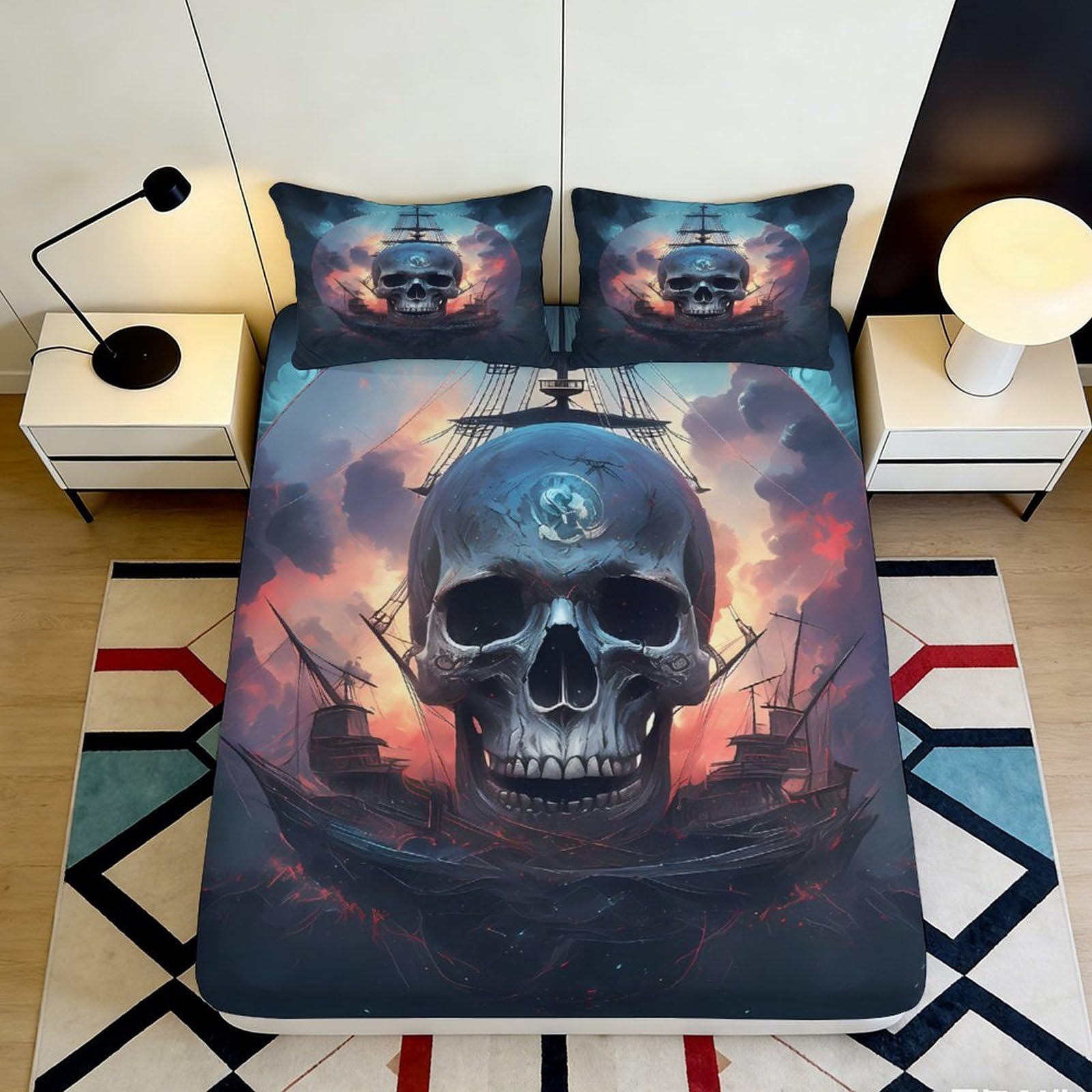 3D Printed Pirate Skull Fitted Sheet Microfiber Soft Slip-Resistant Ship Sunset Bed Cover for Bedroom Dorm Decor 160x200x25cm