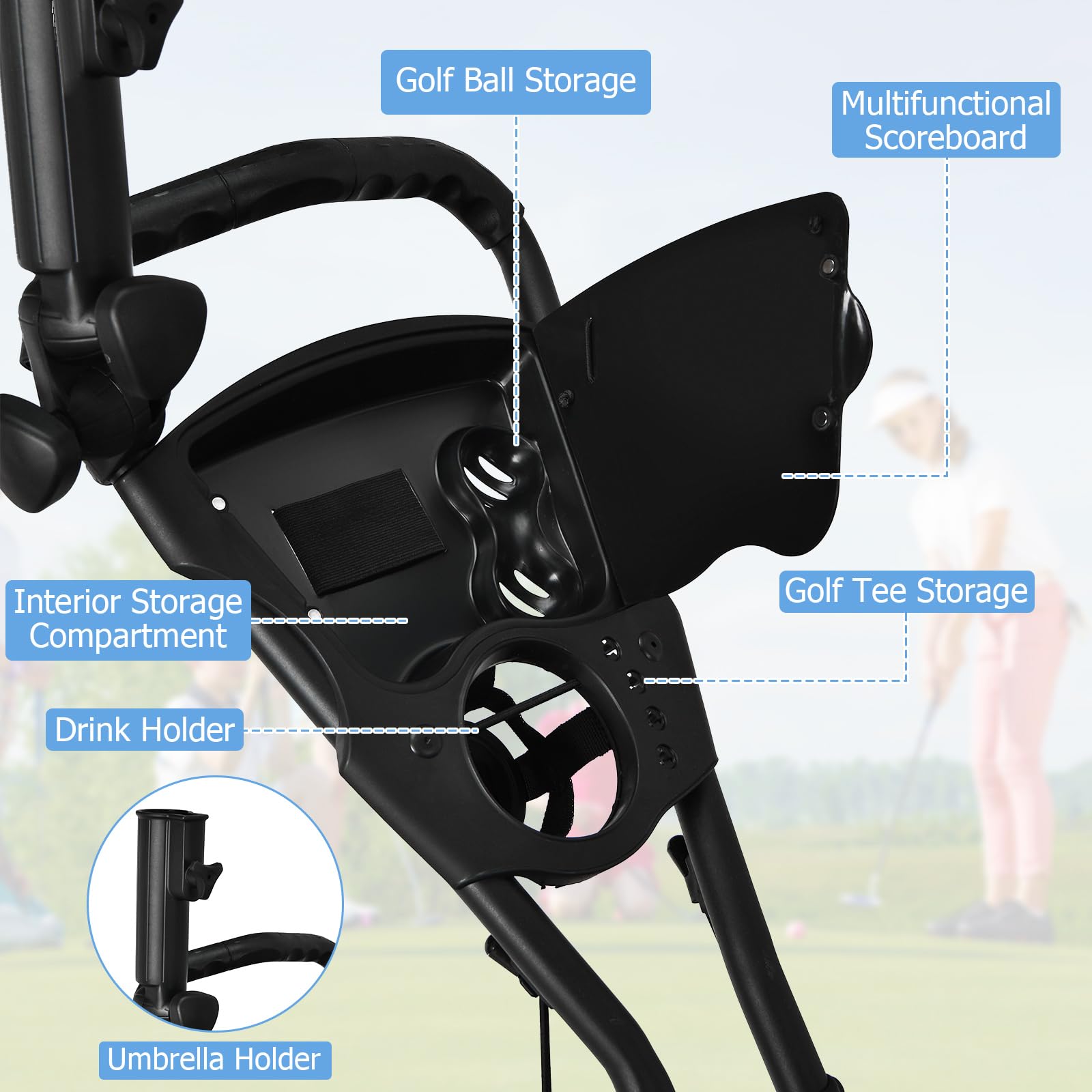 COSTWAY Chariot de Golf Pliable à 3 Roues Sangle Elastique, Porte-Parasol Réglable et Porte-gobelet Sac de Rangement Recouvert d'Aluminium pour Clubs de Golf Rouge/Vert/Bleu/Gris