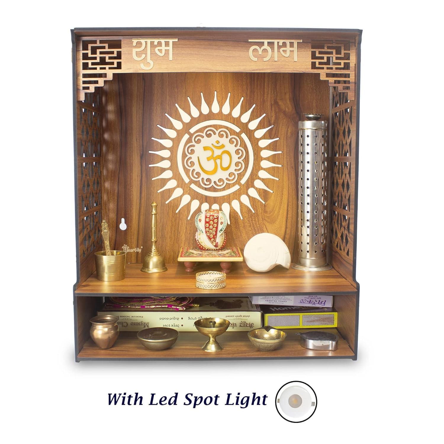 Pooja Mandir in legno per la casa e l'ufficio Pooja Stand moderno Puja Mandir per casa da parete con faretti LED dimensioni (45,7 cm, L - 40,6 cm, W-21,7 cm)