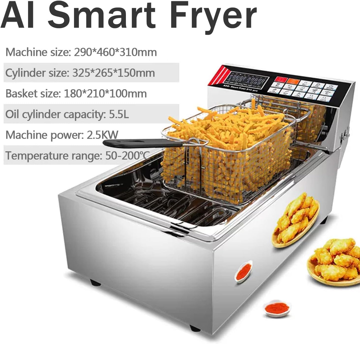 Freidora eléctrica de Aceite de Acero Inoxidable con Cesta, Grifo, Tanque único, Cesta extraíble y Resistencia, Ajuste de Temperatura, Cocina, Comida rápida (10 l)