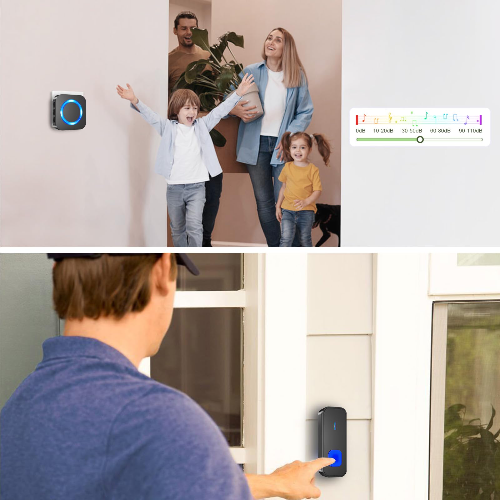 SURFOU Bezprzewodowy dzwonek do drzwi z odbiornikiem plug-in, zasięg 400 m, wodoszczelny, 55 dźwięków dzwonków, 5 głośności, migające diody LED, czarny