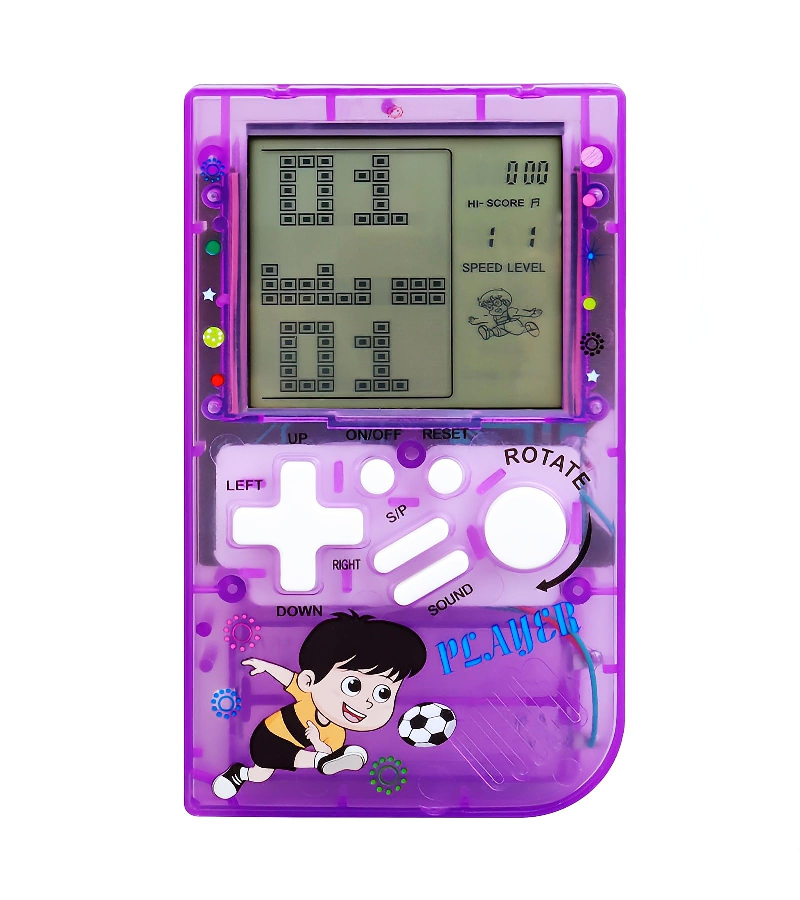 LZYCH Kids Brick Game Console Small Portable Transparent Body Built-in 23 Retro Blocks Games Adjustable Difficulty/Speed Powered By 2 AAA Batteries Kids/Students Birthday Toys (Purple)