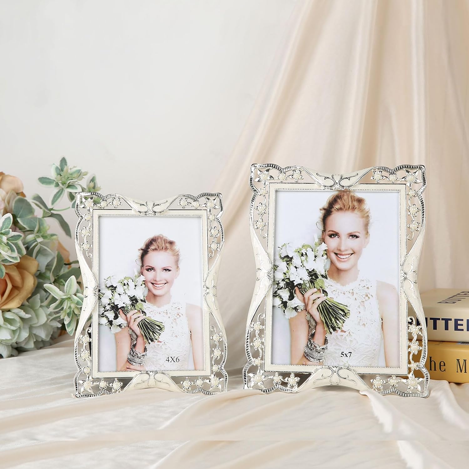 8x10 Vintage Metal White Picture Frame Pearl Antique Ornate Gold Photo Frame Wedding Decoration, Clear Glass Front, Unique Tabletop or Wall Display, Gifts for Mom Women, Horizontally & Vertically