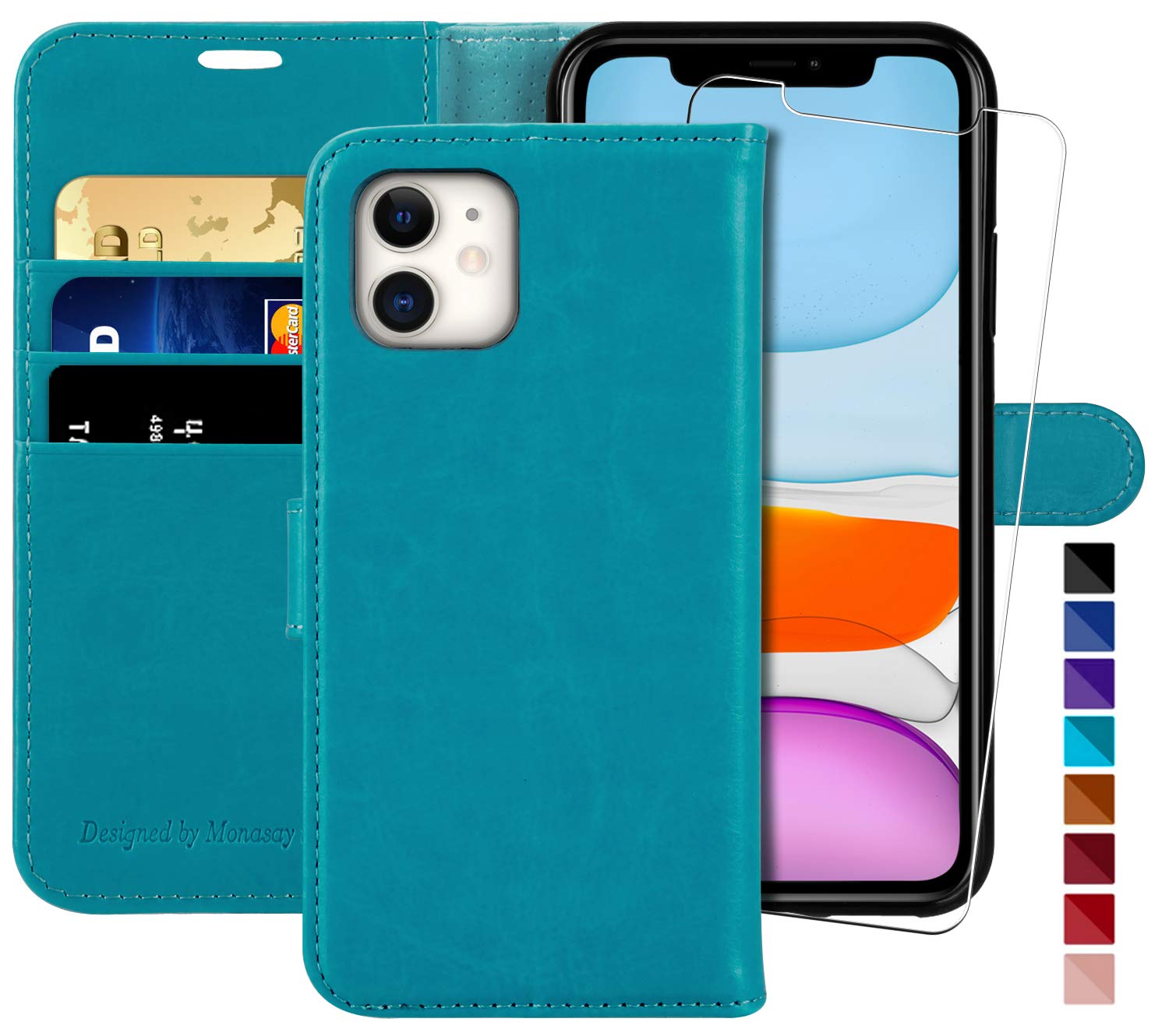 MONASAY Wallet Case for iPhone 12 Pro/iPhone 12 5G,6.1-inch[Glass Screen Protector Included] [RFID Blocking] Flip Folio Leather Cell Phone Cover with Credit Card Holder,Light Blue