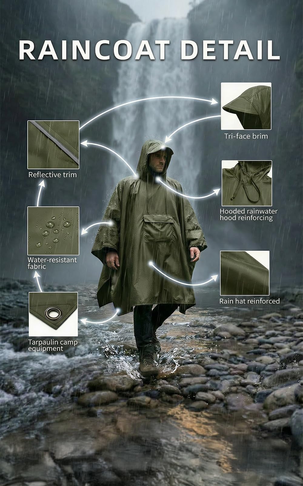 Wasserdichter Regenponcho, Leicht Atmungsaktiv Regencape, Unisex Regencape mit Kapuze, 3-in-1-Multifunktional Regenmantel Regenschutz Regen Poncho für Wandern, Camping, Angeln, Fahrrad