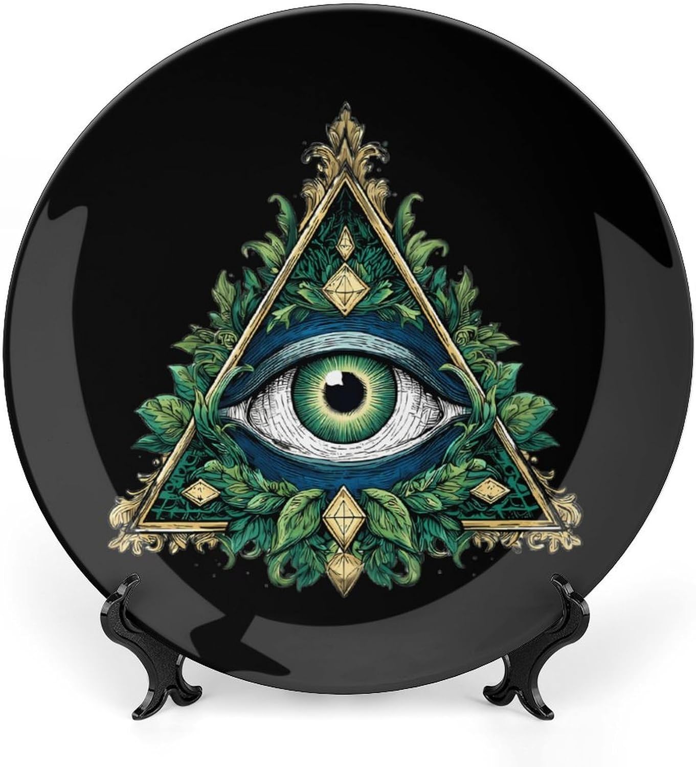 All Seeing Eye Illuminati Masonic Freemason Eye Novelty Decorative Plate with Display Stand Handmade Ceramic Ornament Hanging Wall Decor for Home Office Foyer