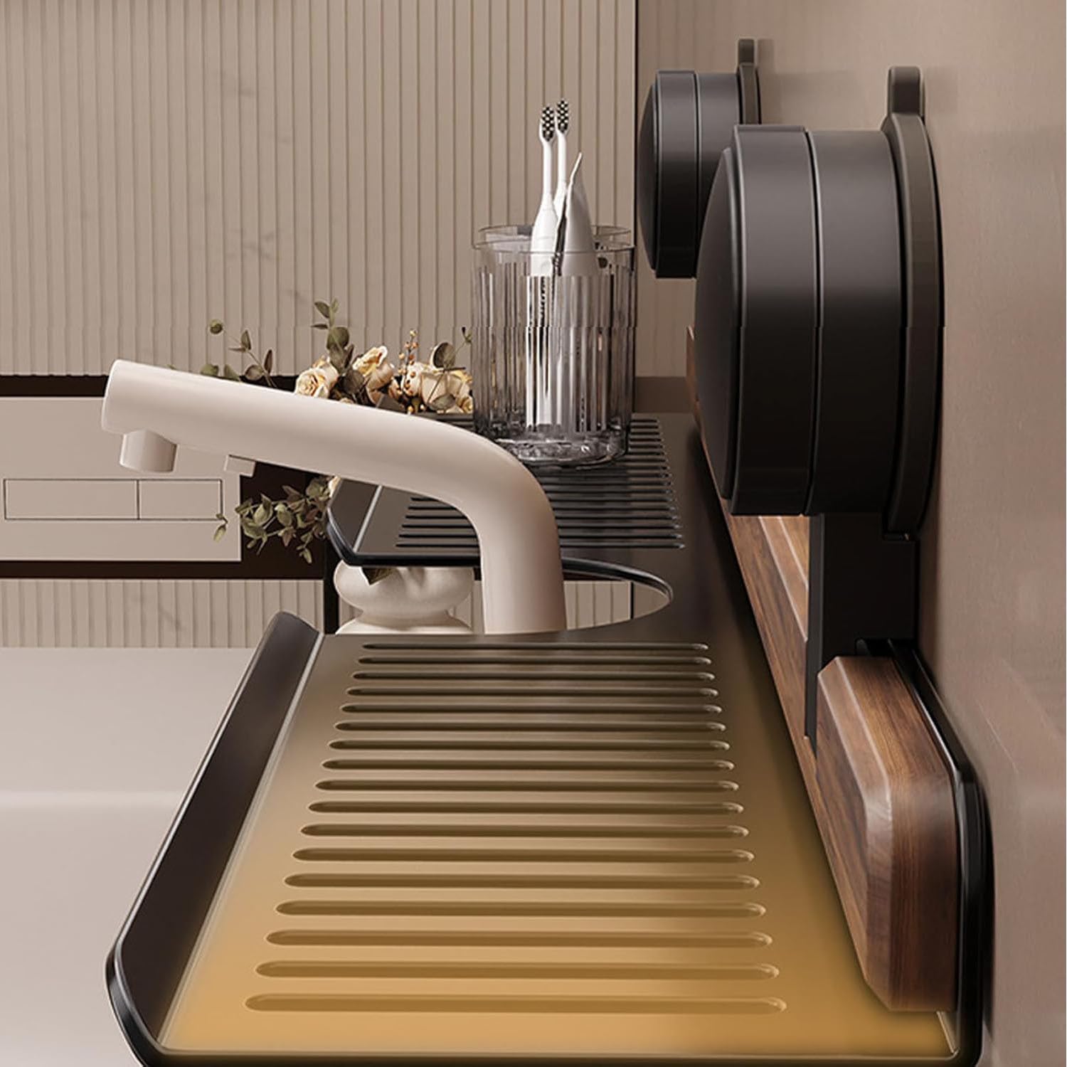 Étagère murale de salle de bain sans perçage, rangement flottant pour articles de toilette, amovible pour bouteilles et accessoires, parfaite pour l'organisation de l'évier, bois de noyer