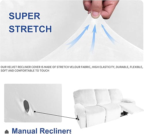 Miniatura 4 de MAXIJIN Fundas para sofá reclinable de 8 piezas, fundas de terciopelo elástico para muebles de 3 cojines, gruesas, suaves, lavables (sofá