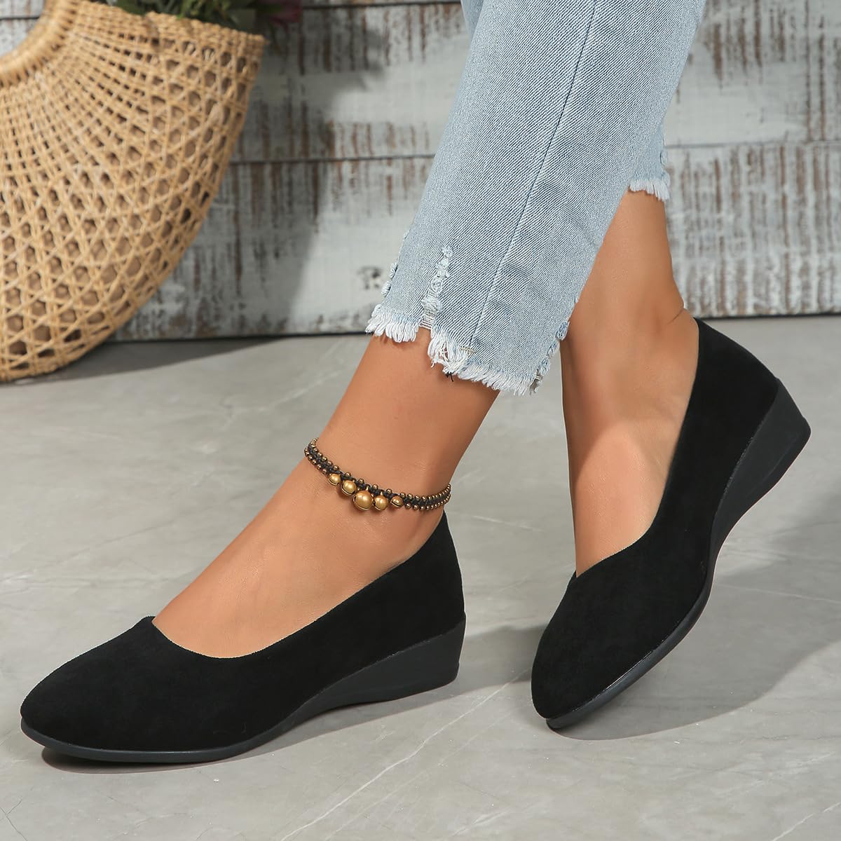 Zapatos de cuña cómodos para mujer, ligeros, no deslizantes, de tacón bajo, con cuña, informales, para trabajar, bailarina y corte