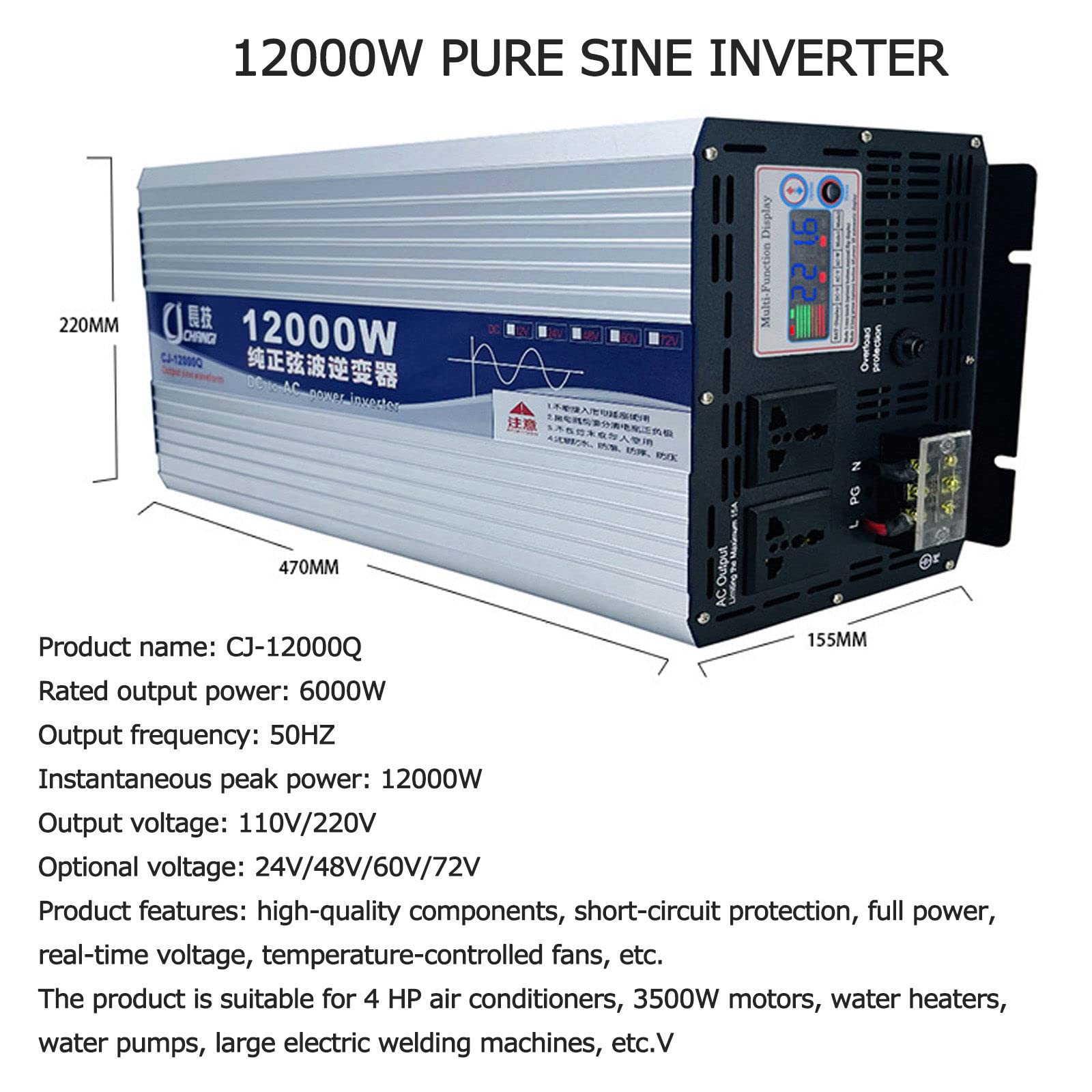 Inversor Sinusoidal Pura 6000W 8000W 10000W 12000W Inversor DC 12V 24V 48V 60V 72V A AC 110V 220V Convertidor De Voltaje,para Autocaravanas Camiones Barcos Camping Furgoneta,12000W-60Vto220V