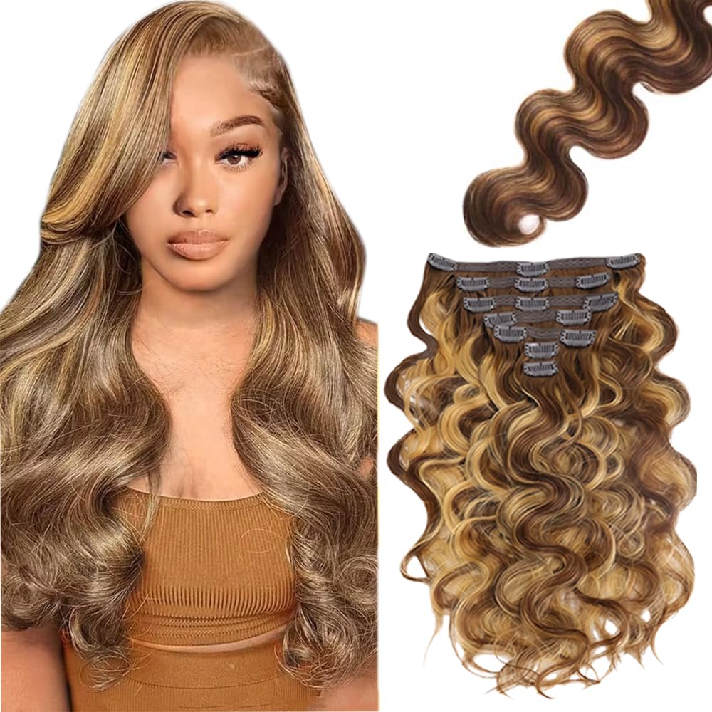 Photo 1 of 20 Inch P4/27 Blonde Body Wave Clip in Hair Extensions, 120g 7pcs, Highlight Human Hair Extensions Ombre Brown Body Wave Clip ins for Women