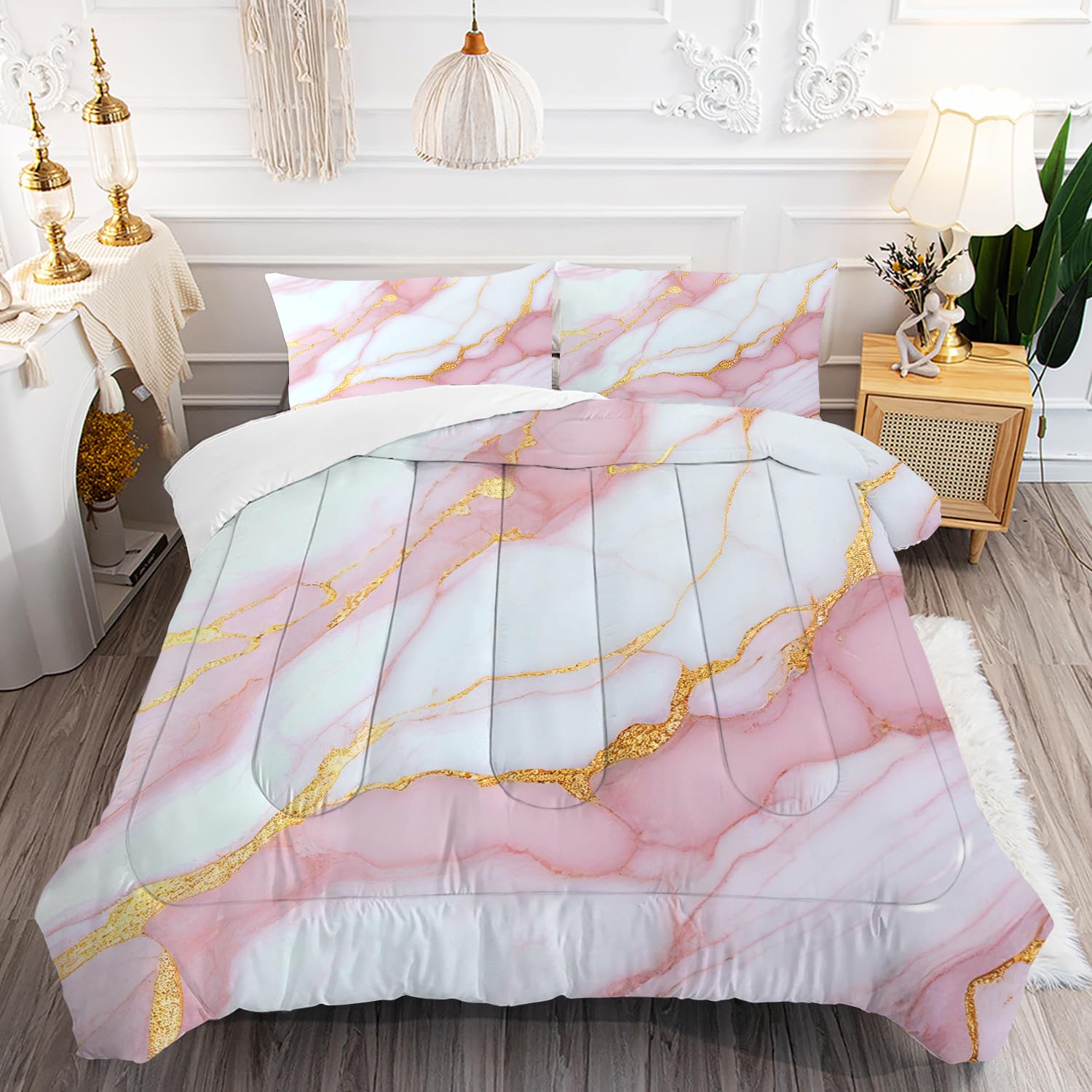 FUYEUN Marble Comforter Set Pale Pink Chic Bedding Sets Full Size for Girls Teens Women Gold Glitter Luxury Marbling Texture Quilt 1 Comforter + 2 Pillow Cases