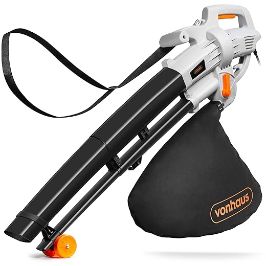 VonHaus Leaf Blower Vacuum Cleaner 3000 W – Corded Leaf Collector Vacuum Cleaner, Cleans Gardens, Gutters, Driveways, etc. – Shoulder Strap, Wheels, 35L Bag Collection