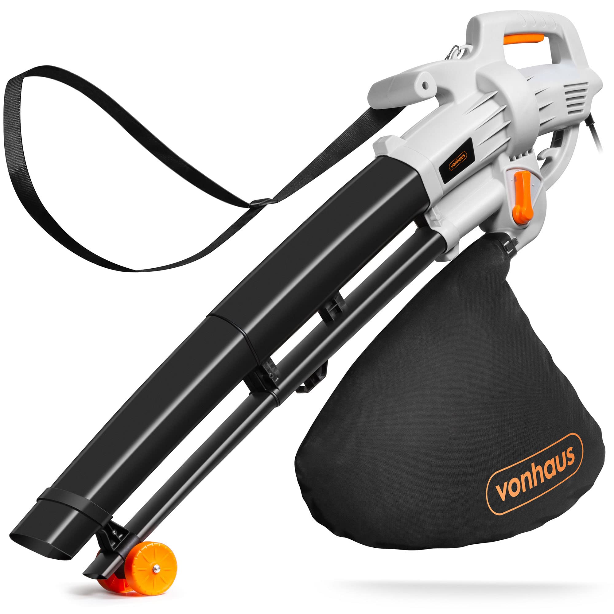 VonHaus Soplador Aspirador de Hojas Ligero de 3000W – Sopladora Aspiradora de Hojas de Jardín, Patio, Canalones, Caminos y Más, Correa de Hombro, Ruedas, Bolsa de Recogida de 35L 10:1 (Negro) - 2