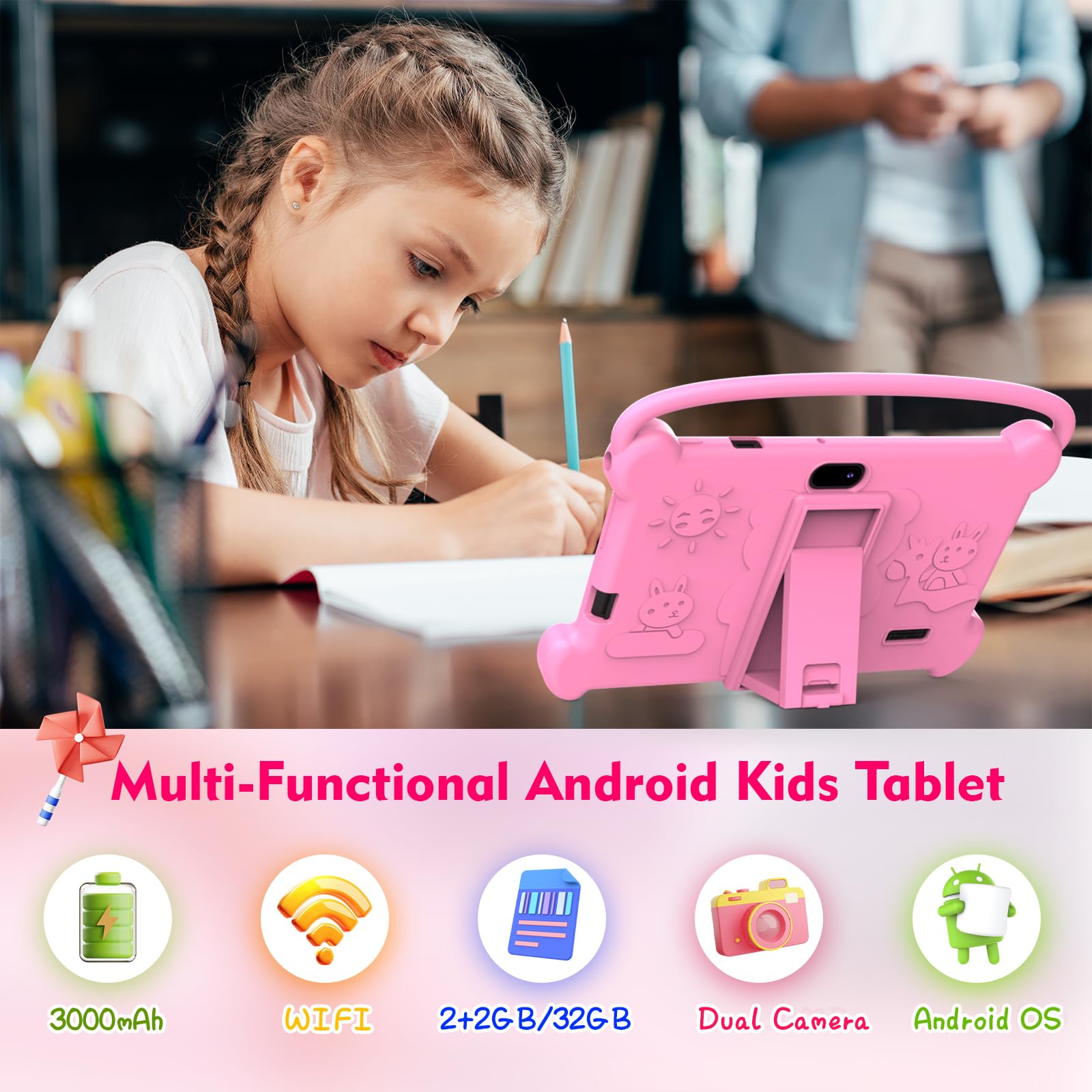 Tablet per bambini da 7 pollici 3-9 per bambini, 32 GB ROM con custodia antiurto, software Android per bambini installato Netflix, YoutTube, app aiwawa, controllo genitori, doppia fotocamera