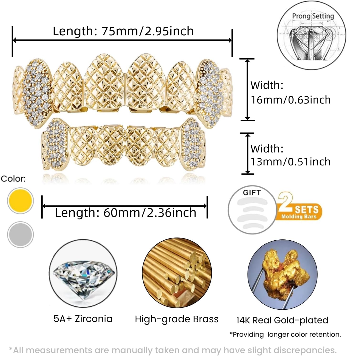 ICEDIAMOND Personality Trend Embossed Fangs Diamond Teeth Grillz, Gold Plated Hip Hop Charm Jewelry for Men Women