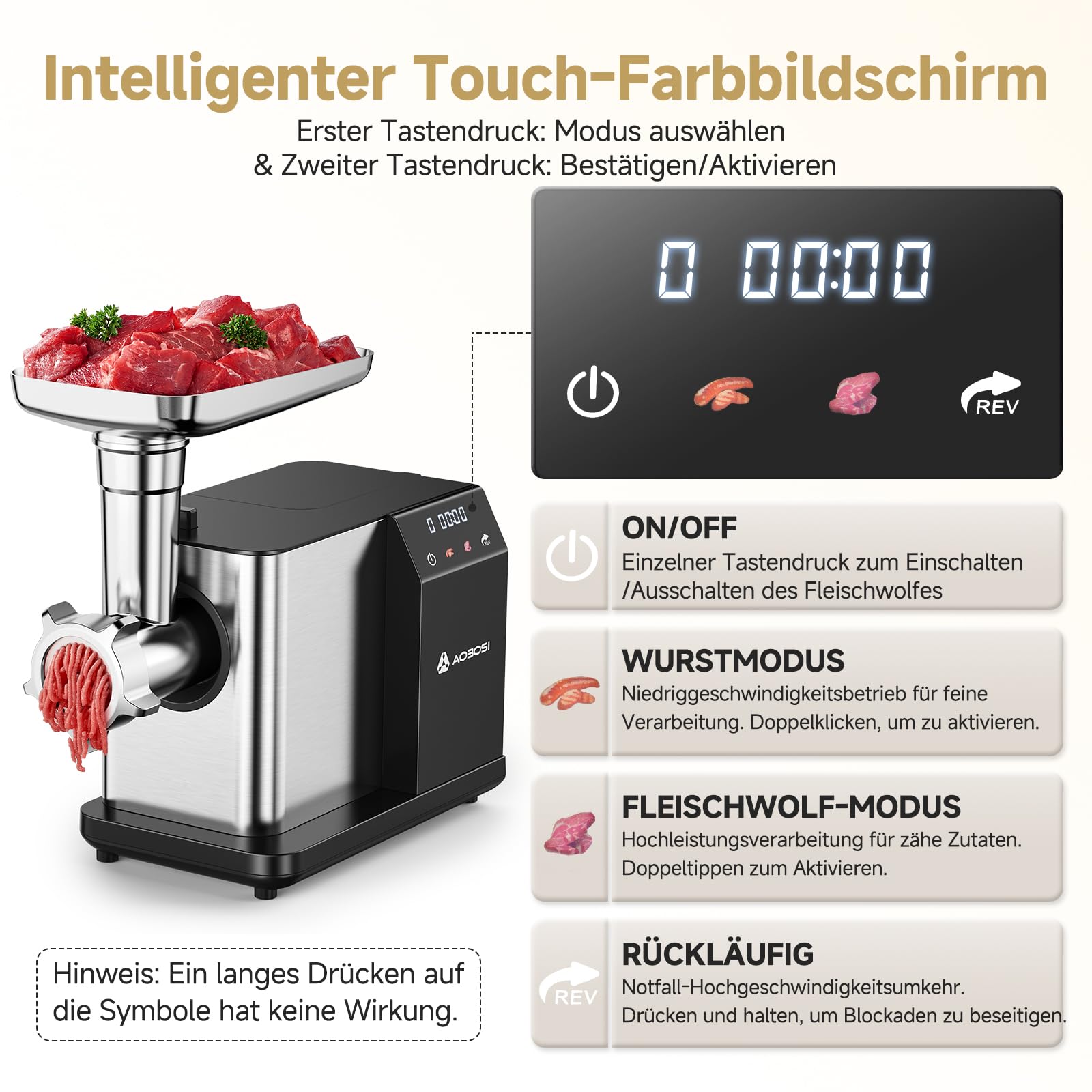 AAOBOSI Fleischwolf Elektrisch [3000W MAX] mit LED-Display,3 Geschwindigkeiten,Fleischwolf mit Anti-Verstopfungstechnik,Eingebauter Speicherbox,Wurstfüller & Kibbe-Herstellung für den Hausgebrauch