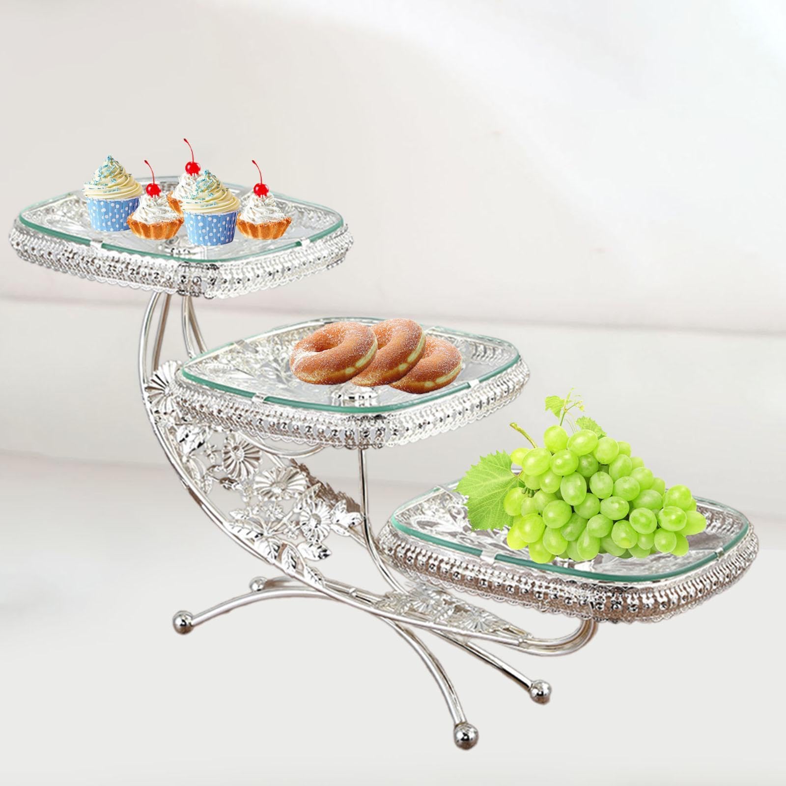 Soporte para Cupcakes de Niveles Bandeja de Postres con Diseño Artístico Estructura Metálica Y Vidrio Resistente Adecuado para Fiestas, Plata, Individual