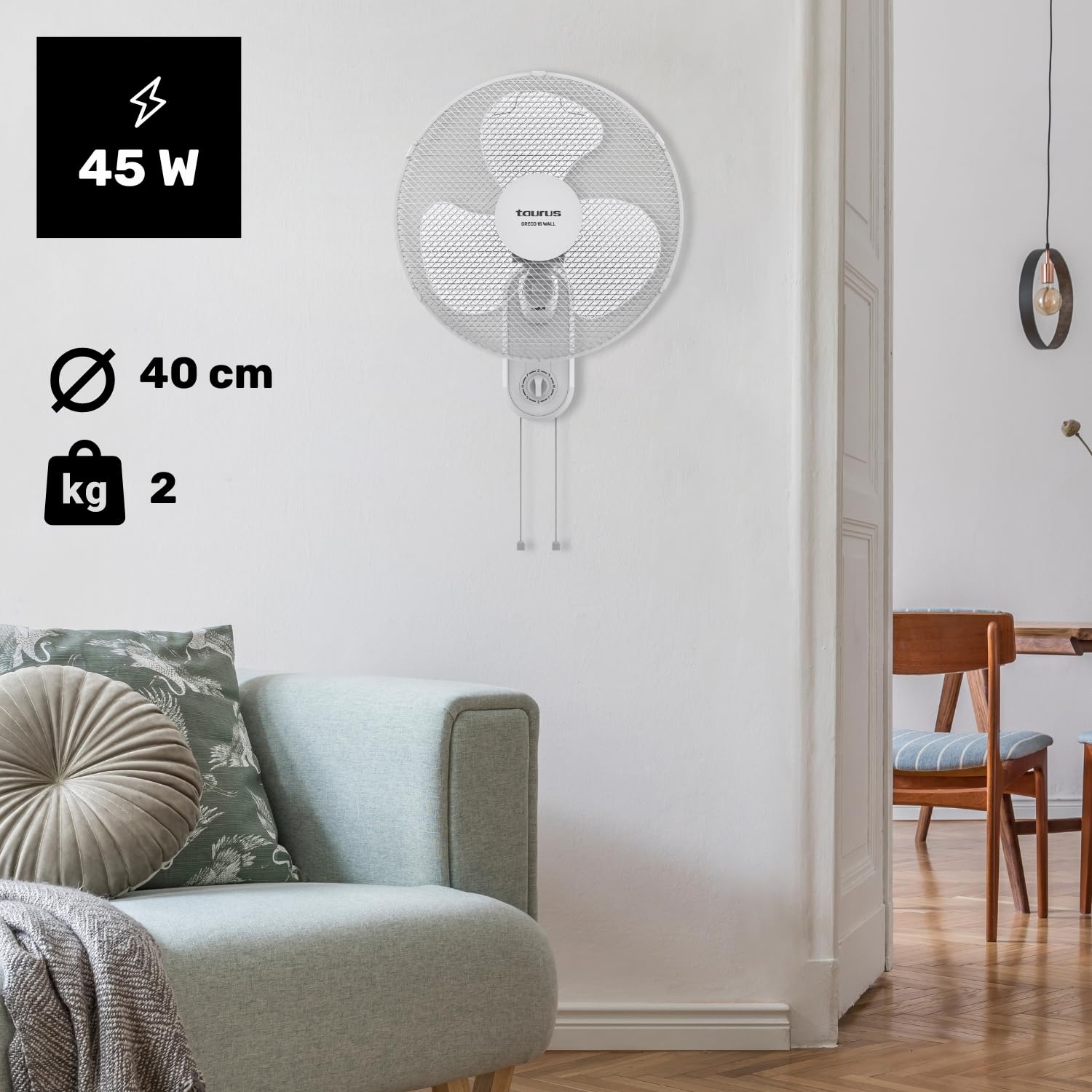 Taurus Greco Wall Ventilateur mural, silencieux, 3 vitesses, variateur de vitesse, oscillant, interrupteur à tirette, grille amovible 45 W, 3 pales