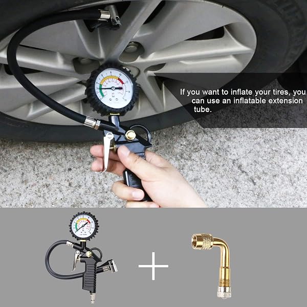 URAQT Manometro Digitale Pressione, 220 PSI Alta Precisione Manometri per Pneumatici, Manometro Pressione Gomme con 4 Tappi Valvola 1 Valvola Francese 1 Stelo di Prolunga in Metallo 90 Gradi - 5