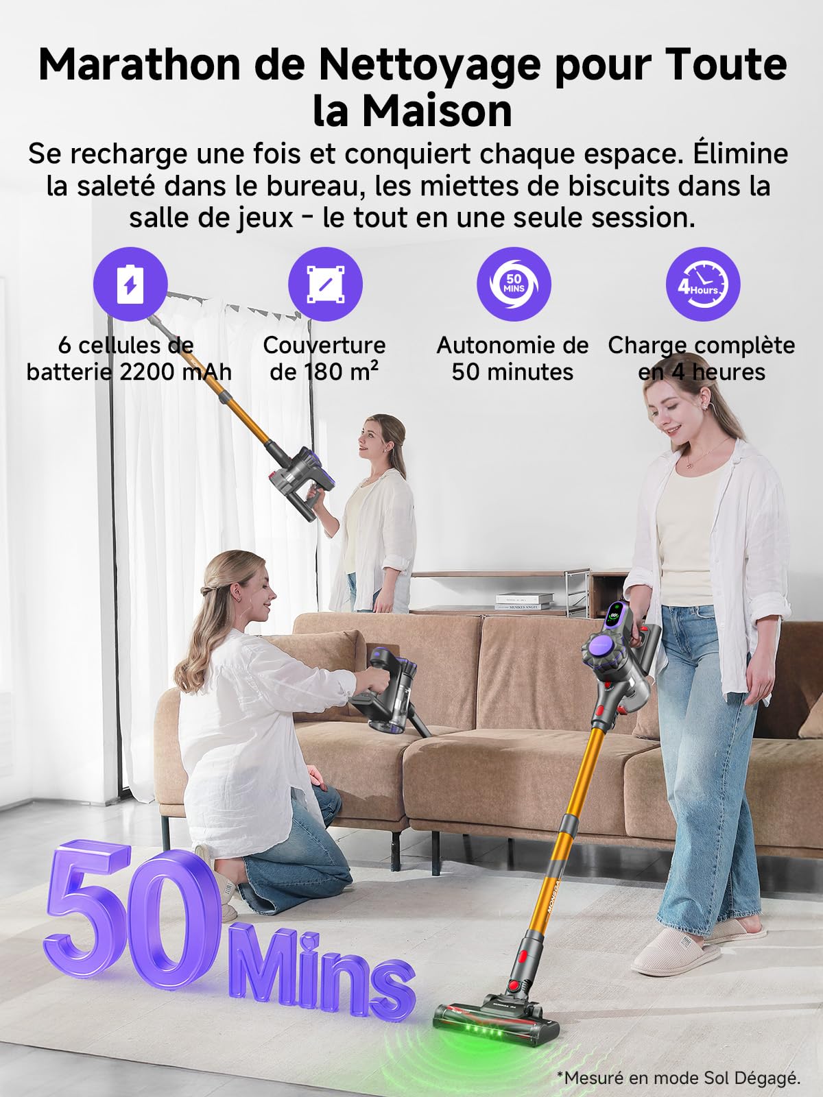 MONSGA Aspirateur Balai sans Fil, Léger et Puissant, GreenEye, 45KPa/50Min