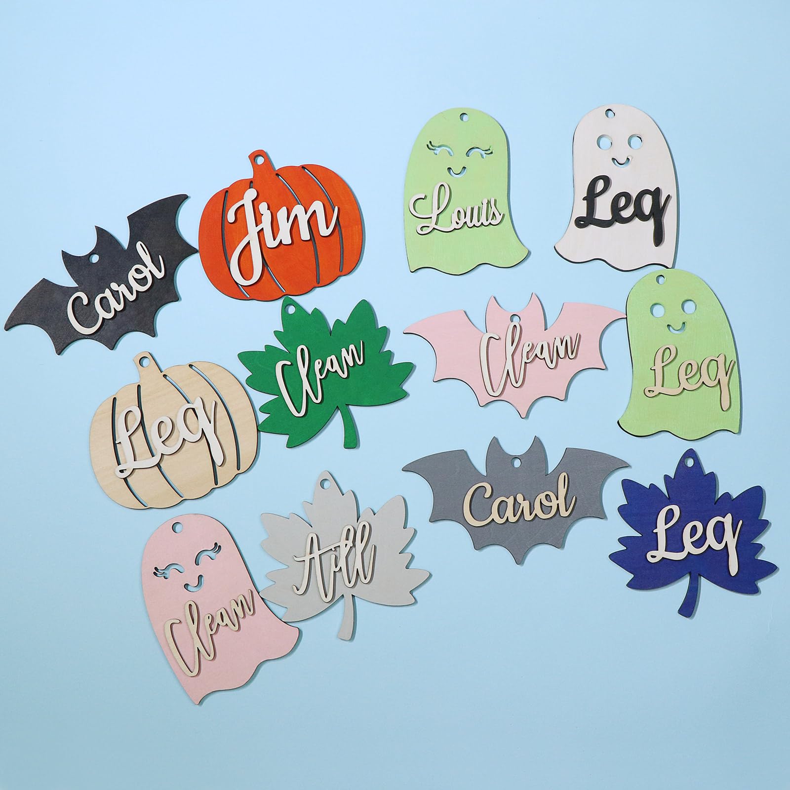 Personalized Fall Gift Basket Tags,Custom Pumpkin,Maple Leaf,Ghost and Bat 3D Wooden Name Tags for Halloween Spooky Basket,Thanksgiving Favor (Girl Ghost)