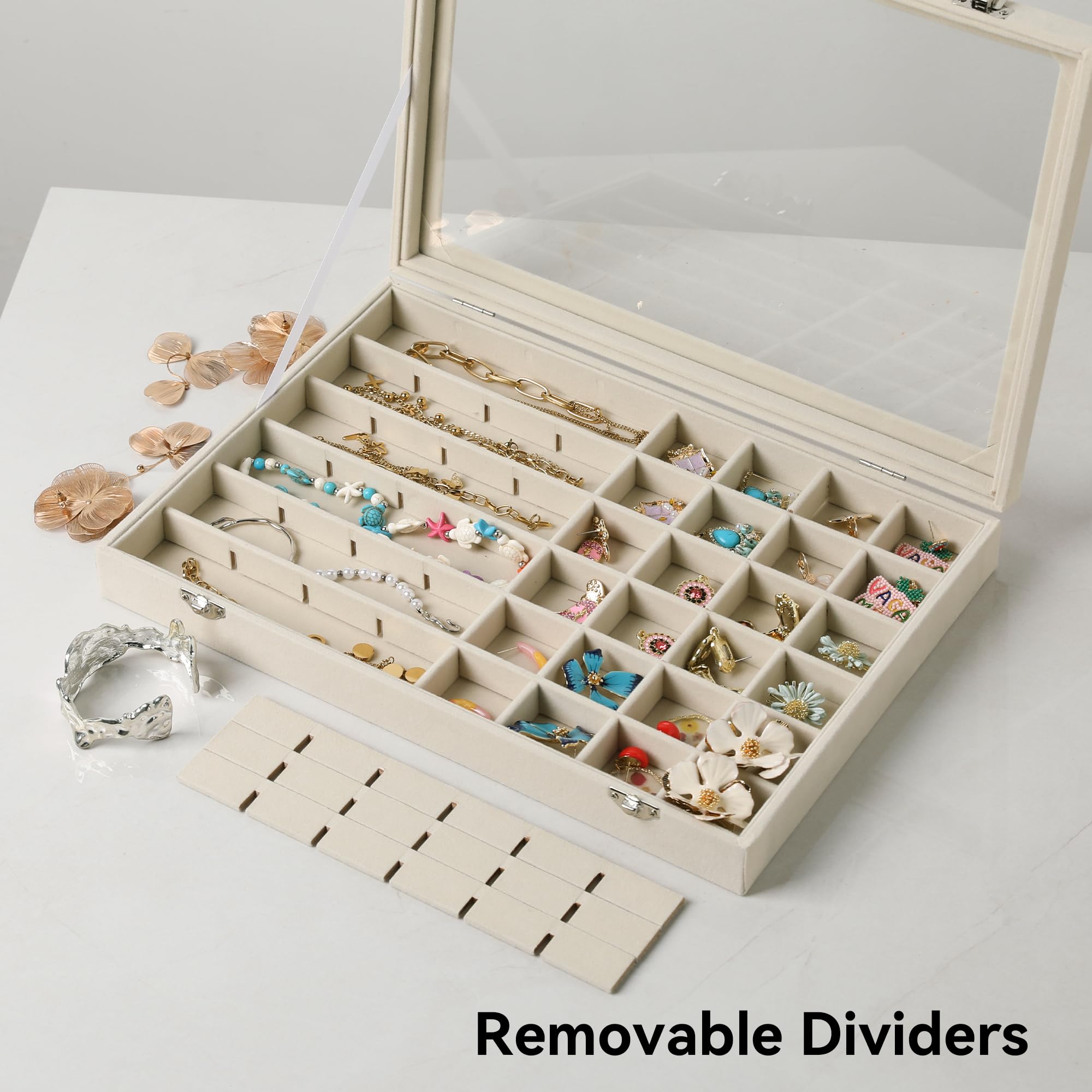 Frebeauty Bandeja para joyas con 48 compartimentos, soporte ajustable para pendientes con tapa de cristal, cajón de terciopelo, organizador de joyas para anillos (Beige)