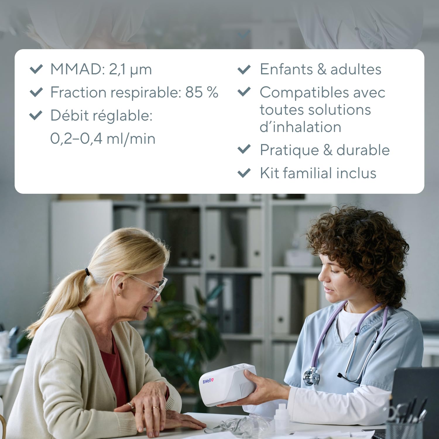 B.Well Swiss - Nébuliseur Médical et Inhalateur MED-130 – Thérapie respiratoire, débit réglable, particules fines 2,1 µm, enfants & adultes – Qualité Suisse, masques et embout buccal