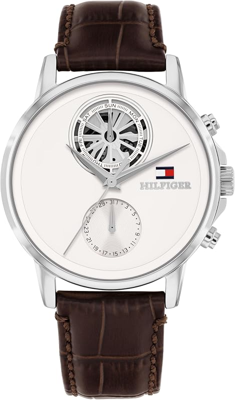 Reloj multifunción para hombre - Correa de cuero auténtico y esfera esquelética con forma de ojo secundario - Resistente al agua hasta 50 m - Reloj moderno y contemporáneo - Regalo para él 40 mm