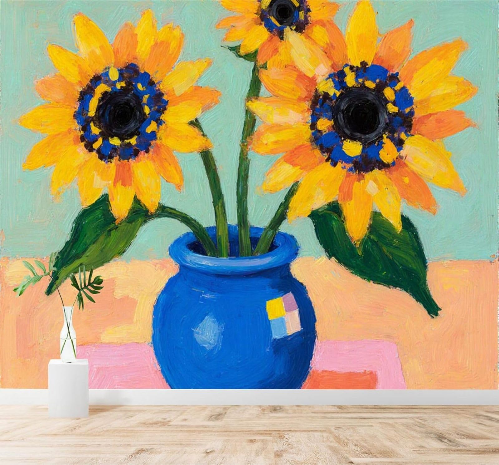 Tzxztt 400Cm×280Cm(B×H) Hand Painted Minimalist Blue Vase Sunflowers Art Modern 3D Wallpaper Premium Textured Silk Neutral Tones Material Ideal For Living Room Bedroom-400Cm×280Cm