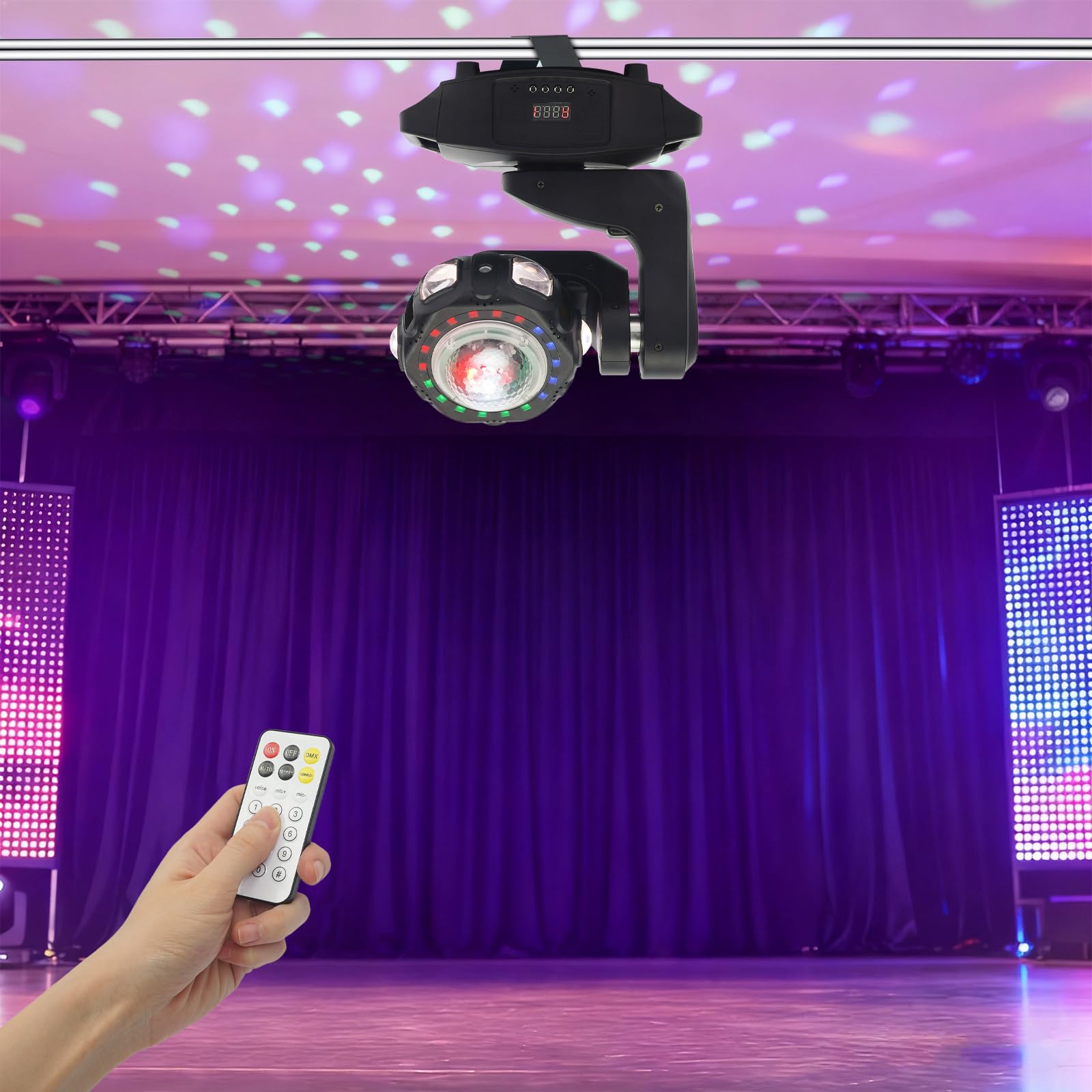 Luce da festa a testa mobile, DMX512, controllo vocale, modalità autoguida e master-slave, effetto caleidoscopio, impianto di illuminazione RGBW DJ per karaoke, bar, palcoscenico, DJ