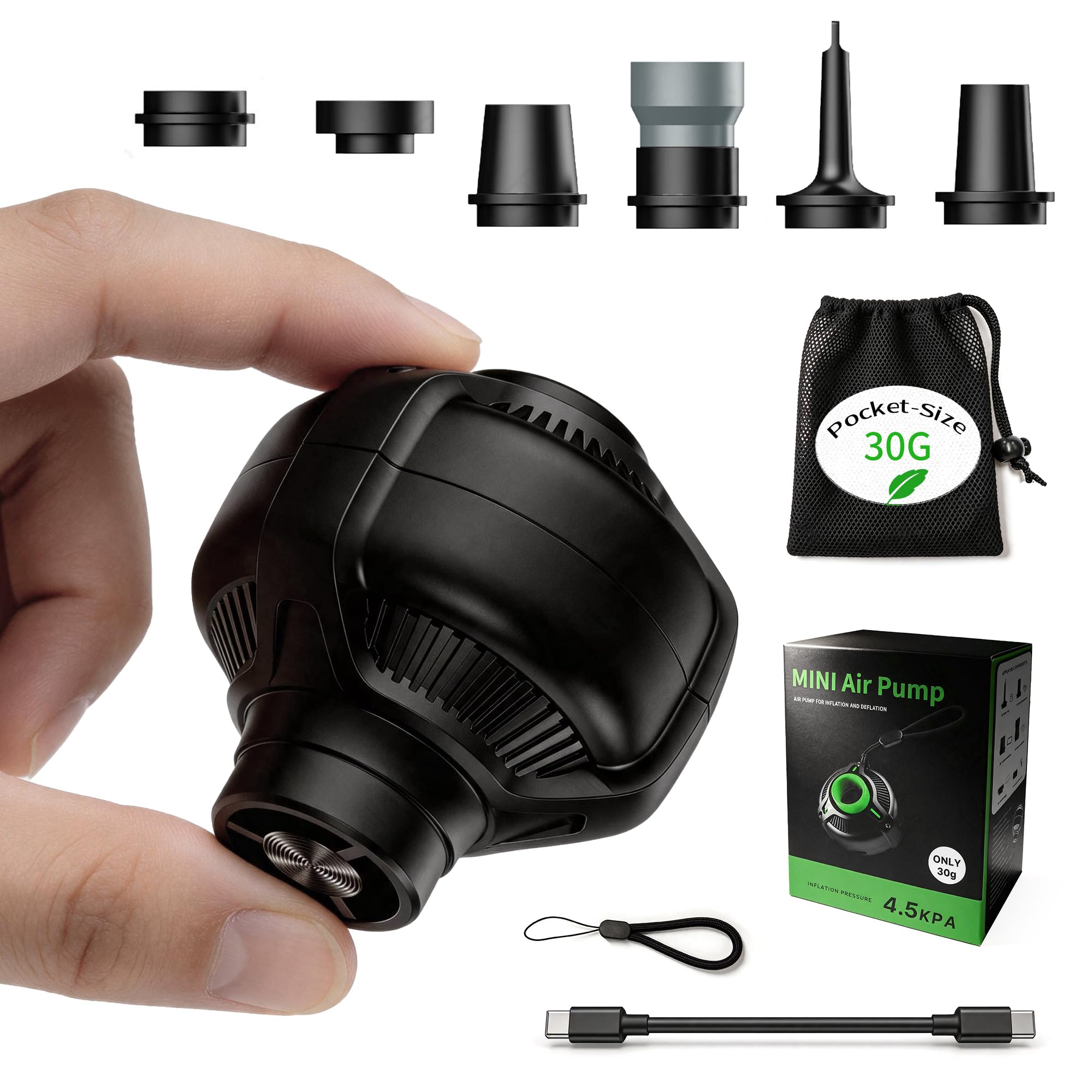 Origem 30g Ultra-Light 4.5kPa Mini Air Pump with 6 Nozzles for Inflatables