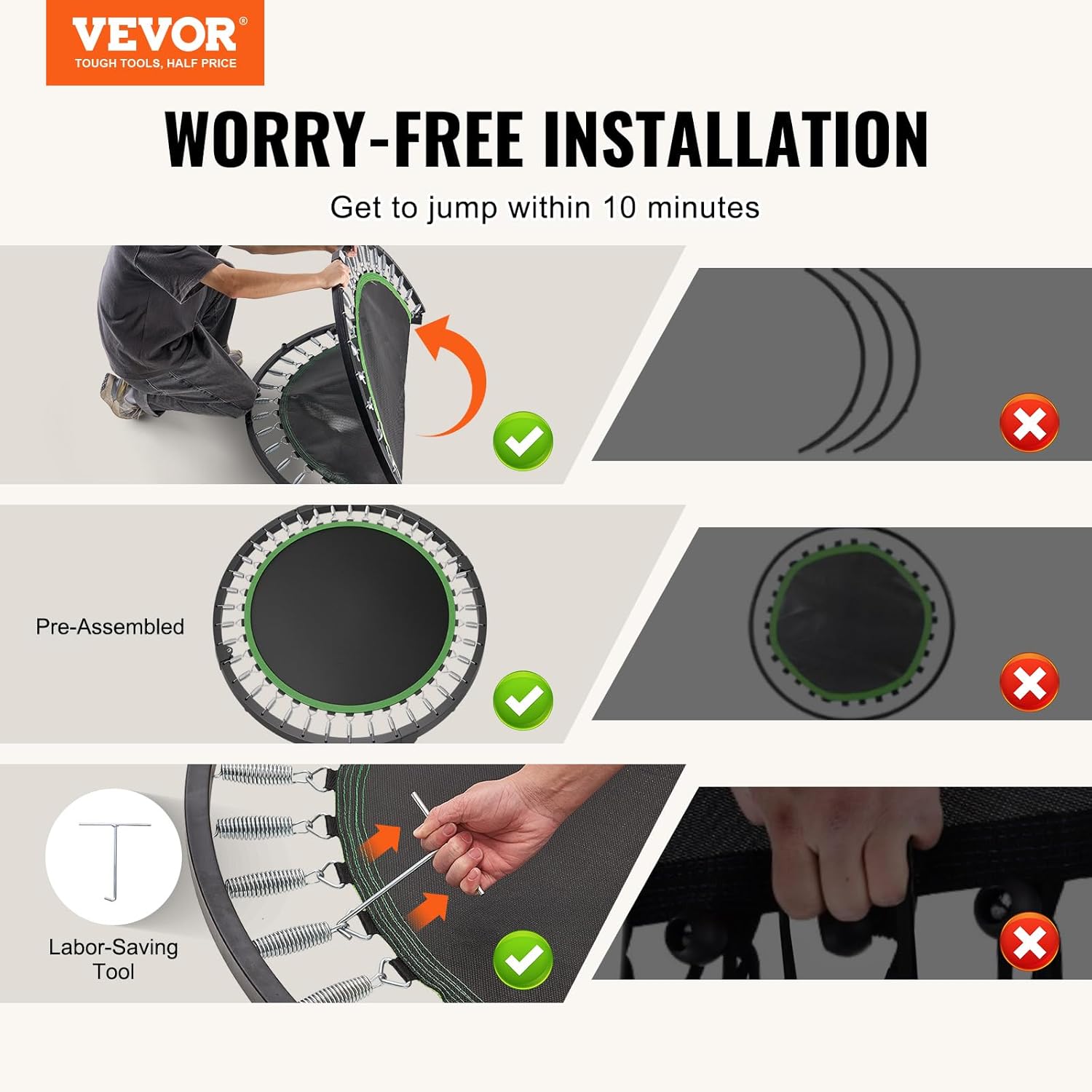 VEVOR Foldable Mini Trampoline, 51 Inch Fitness Rebounder, Max Load 450lbs Exercise Trampoline, Stable & Quiet Trampoline with 4 Level Height Adjustable Foam Handle, for Adults Indoor/Garden Workout