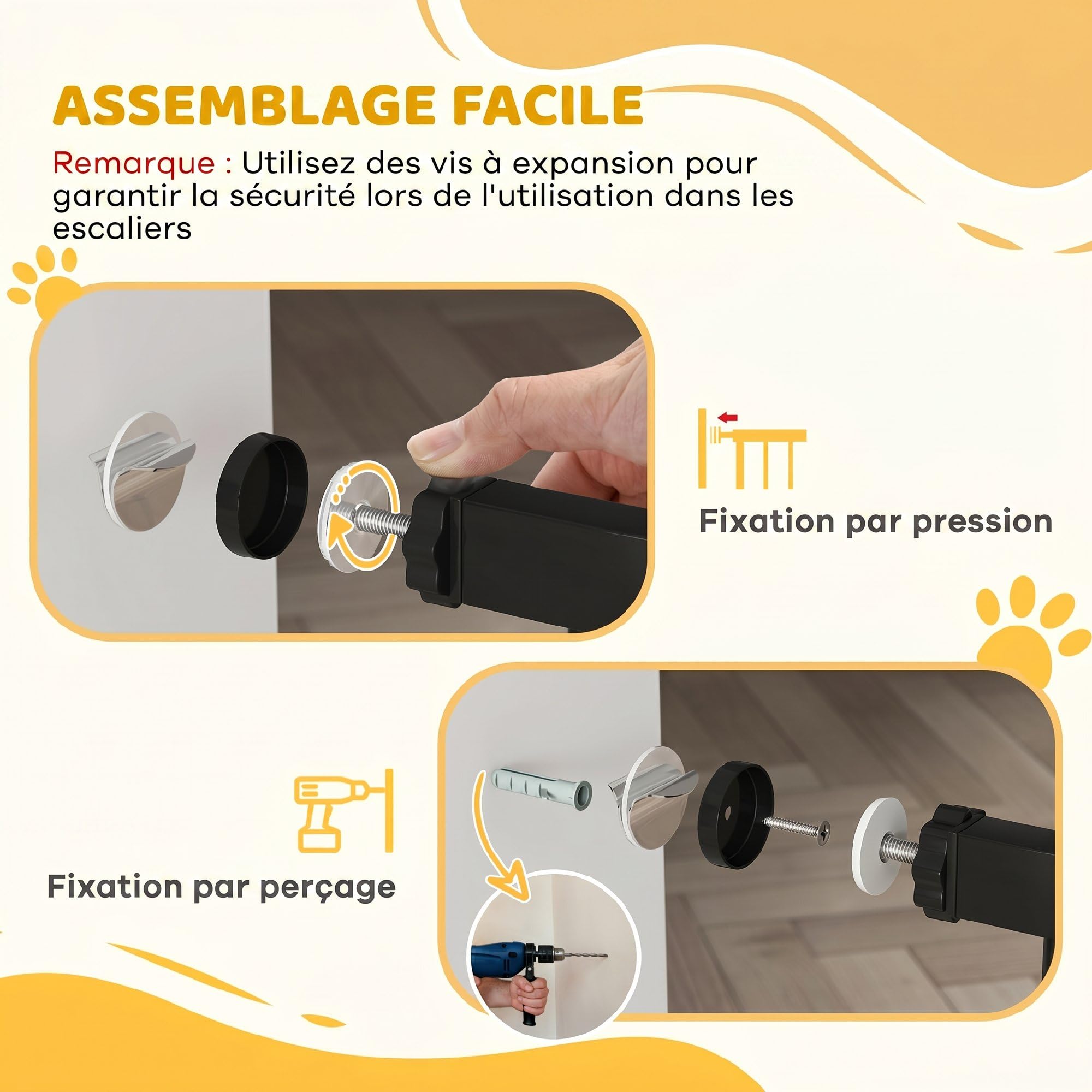 PawHut Barrière de sécurité Animaux 74-148 x 76,2 cm avec Porte Fermeture Automatique système de Double Verrouillage sans perçage avec 3 Extensions Noir