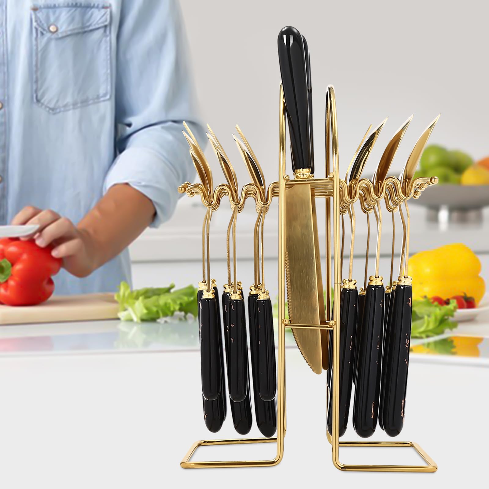 Juego de cubiertos de 24 piezas de acero inoxidable con soporte, hasta 6 personas, para familiares, reuniones de amigos, banquetes de vacaciones, bodas, etc.