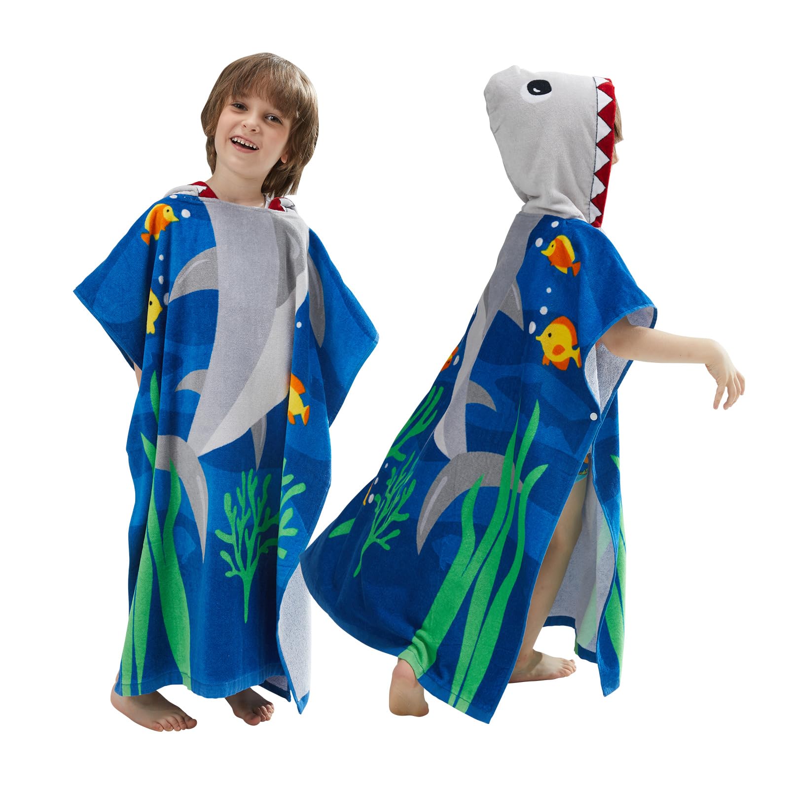 BANGSAUR Kids Hooded Towel Bath Beach Soft Cotton Towels Boys Absorbent Pool Wrap with Hood Baby Toddler Poncho Robe(White Shark,5-9Years/Height:43"-