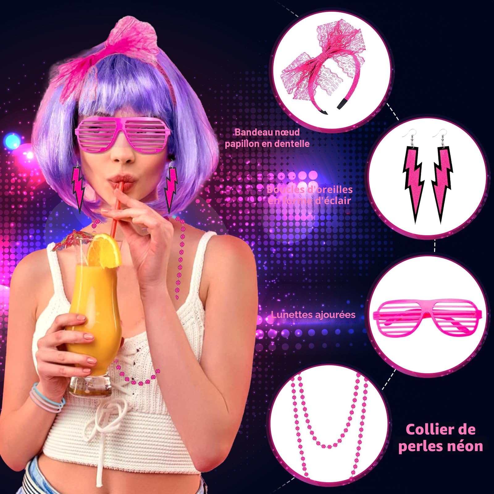 Déguisement Année 80 Femme, 26 Pièces Vetement Annee 80 Disco Fluo Accessoire Femme, Vetement Fluo, Costume Années 80 90, T-shirt, Jambières, Gants En Résille, Disco Costume Fête Néon