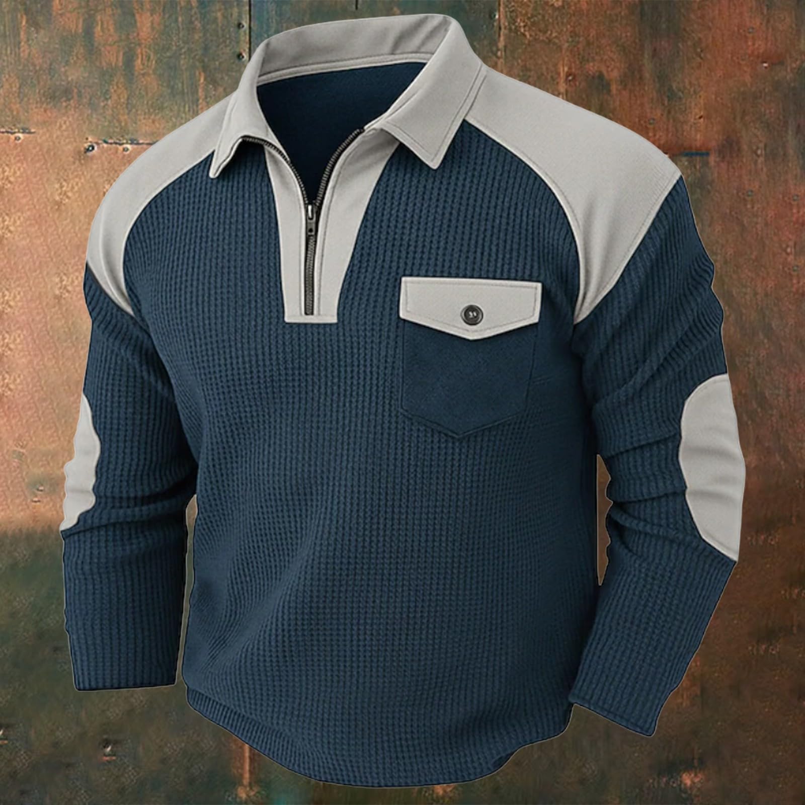 Waffel Karohemd Langarm Herren Sweatshirt mit Klappentasche Vintage Revers Shirt Reißverschluss Herrenshirt Stylisch lässige Hemd Longsleeve für Männer