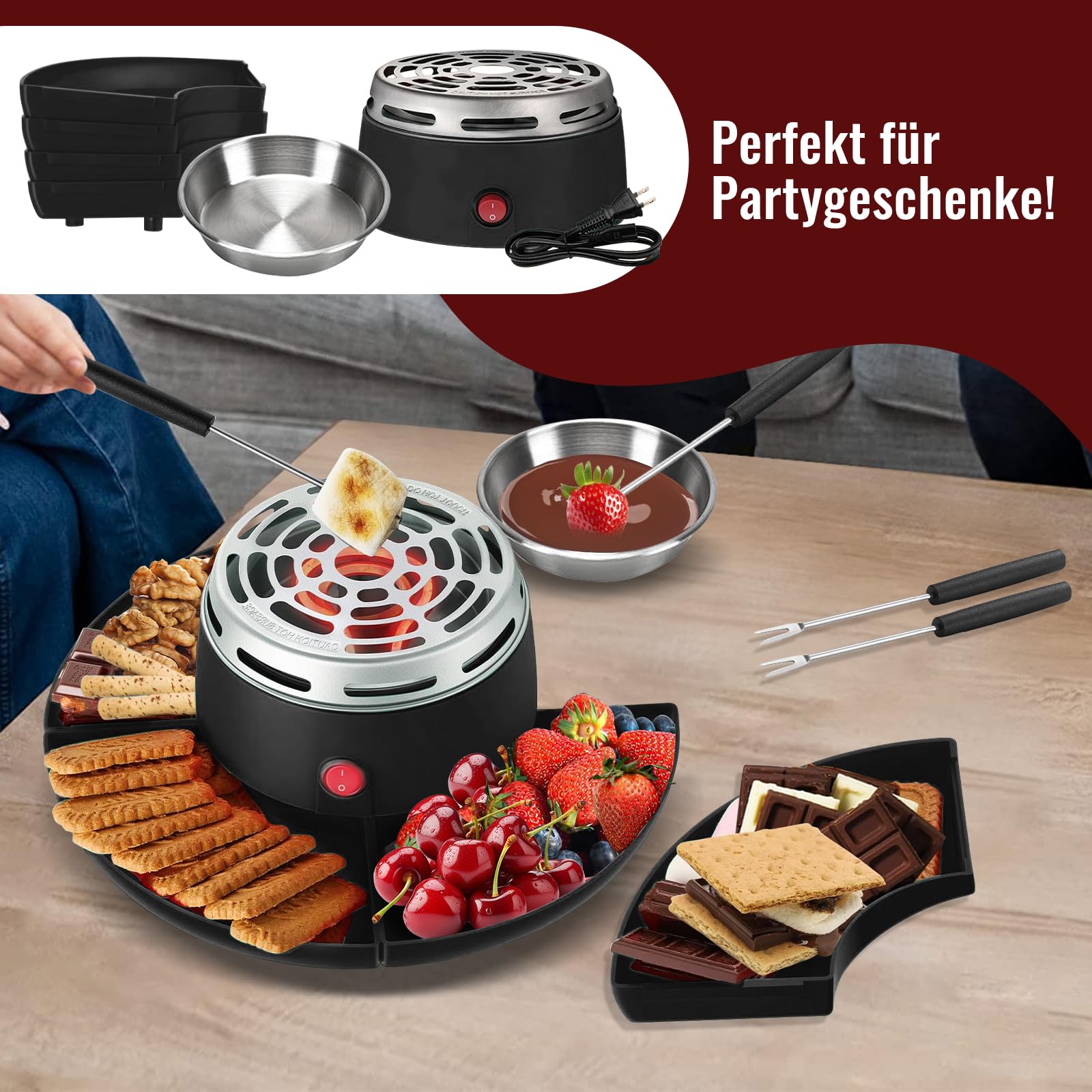 S'Mores - Juego de fondue de chocolate 2 en 1, tostador eléctrico de malvavisco con control de temperatura y 10 accesorios 280 W, modelo de mesa interior S'Mores, kit para fiestas, noches de
