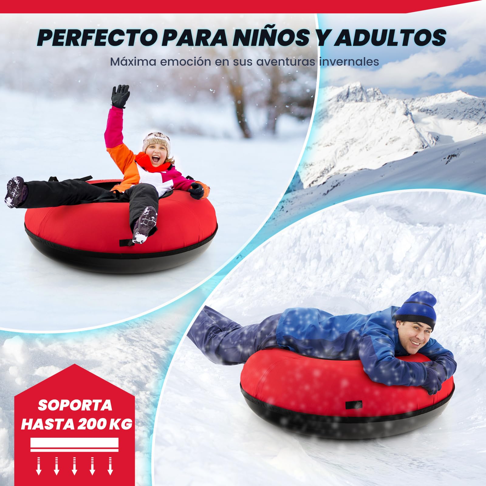COSTWAY Trineo de Nieve Inflable φ100 cm, Tubo de Nieve para Niños y Adultos con Fondo Duro