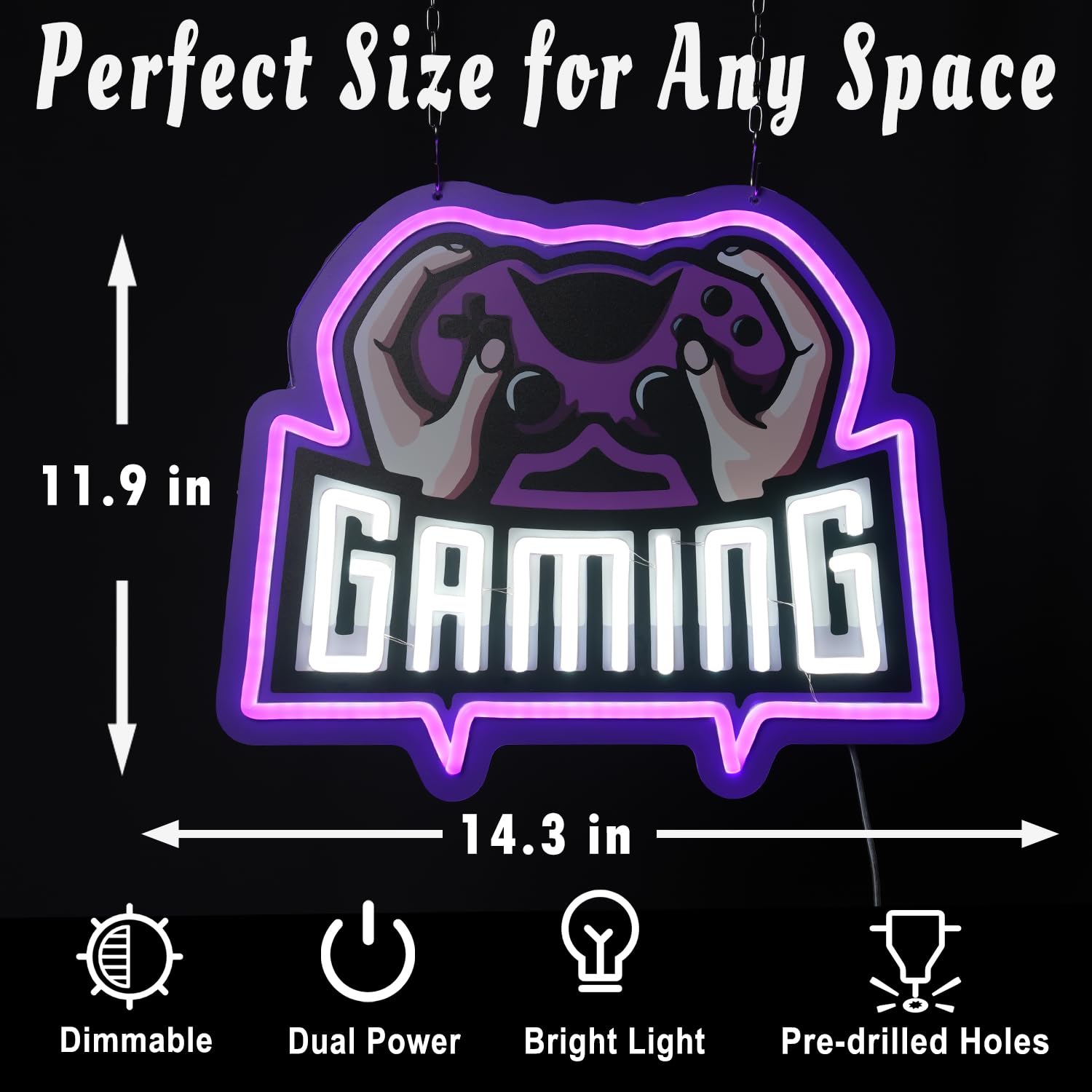 Insegna al neon per decorazione della stanza dei giochi, 36,3 x 30,2 cm, luce LED gamepad con oscuramento a 10 livelli, cartello da parete stampato UV per camera di adolescenti, USB o