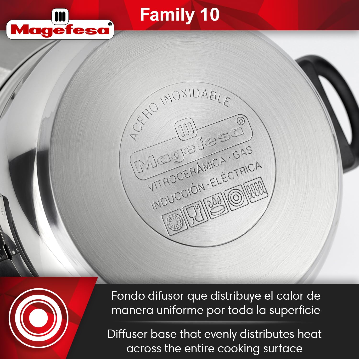 Magefesa Family - Batería de Cocina, 10 piezas, Acero Inoxidable, Fácil Limpieza y Apta Lavavajillas, Asas Bakelita toque soft-cold